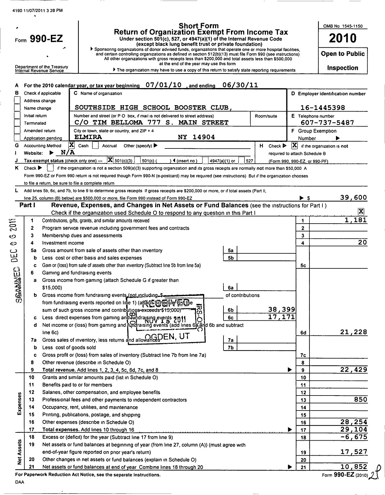 Image of first page of 2010 Form 990EZ for Southside High School Booster Club