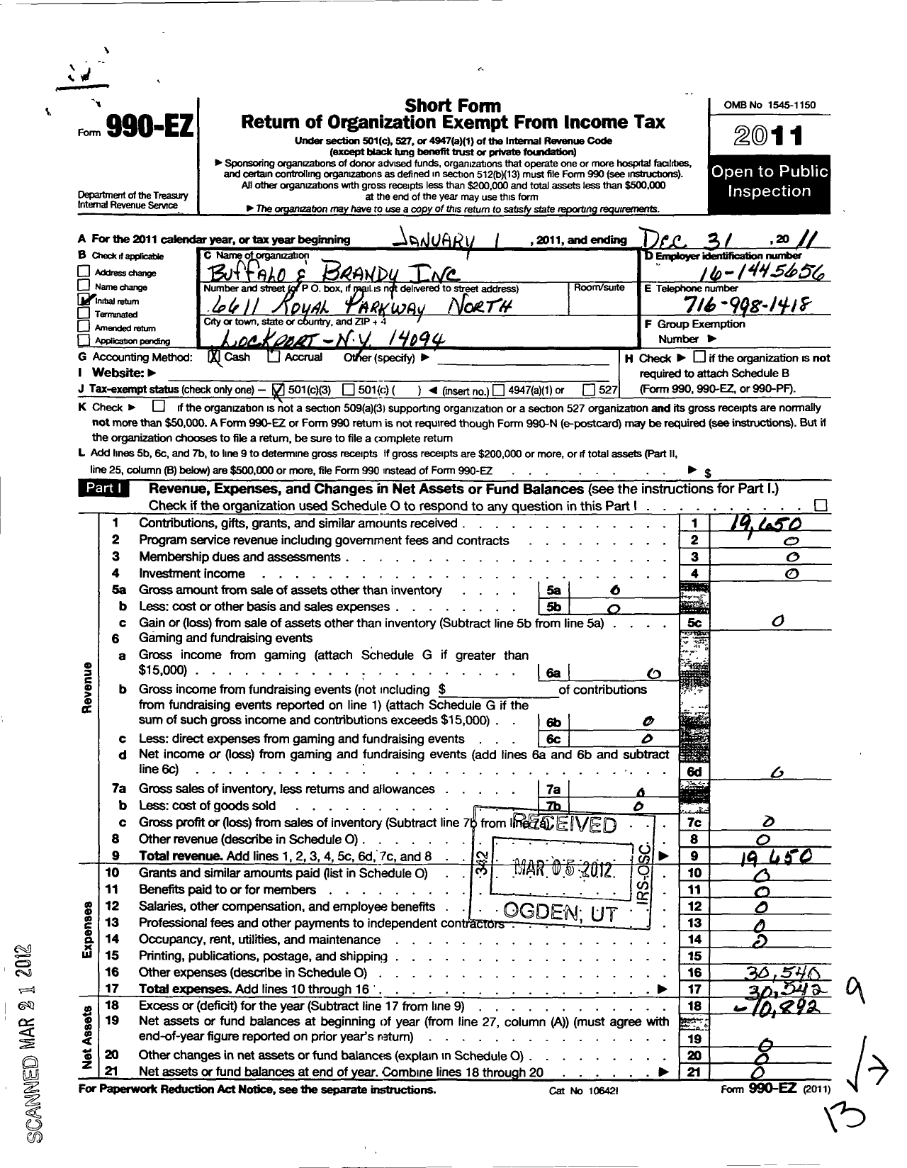 Image of first page of 2011 Form 990EZ for Buffalo and Brandy