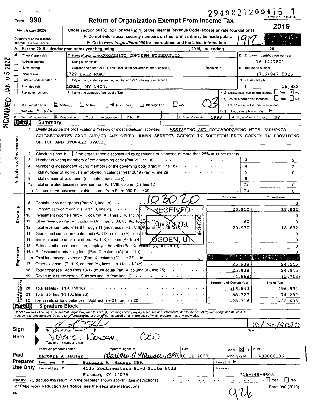 Image of first page of 2019 Form 990 for Community Concern Foundation