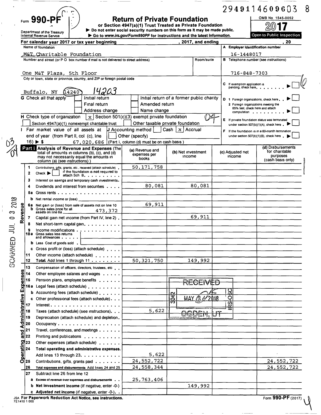 Image of first page of 2017 Form 990PF for M&T Charitable Foundation