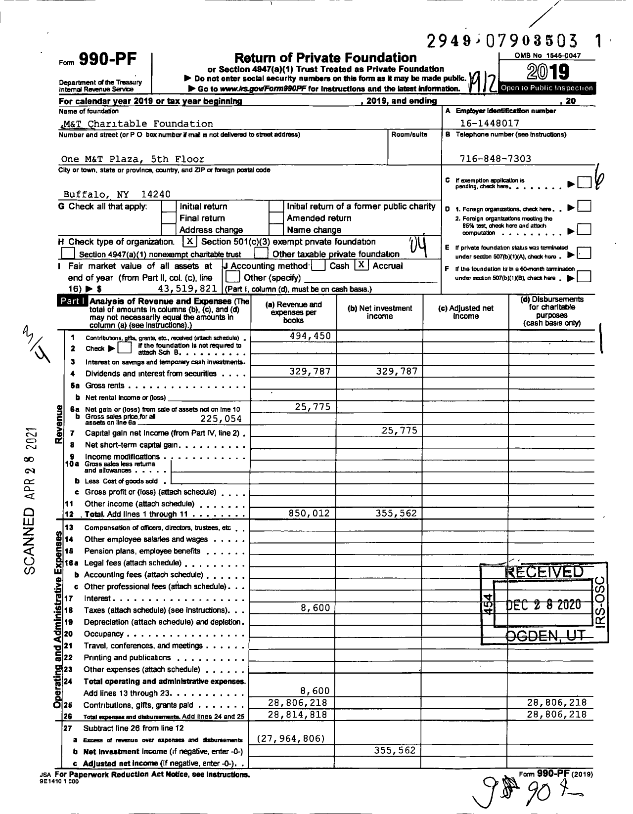 Image of first page of 2019 Form 990PF for M&T Charitable Foundation