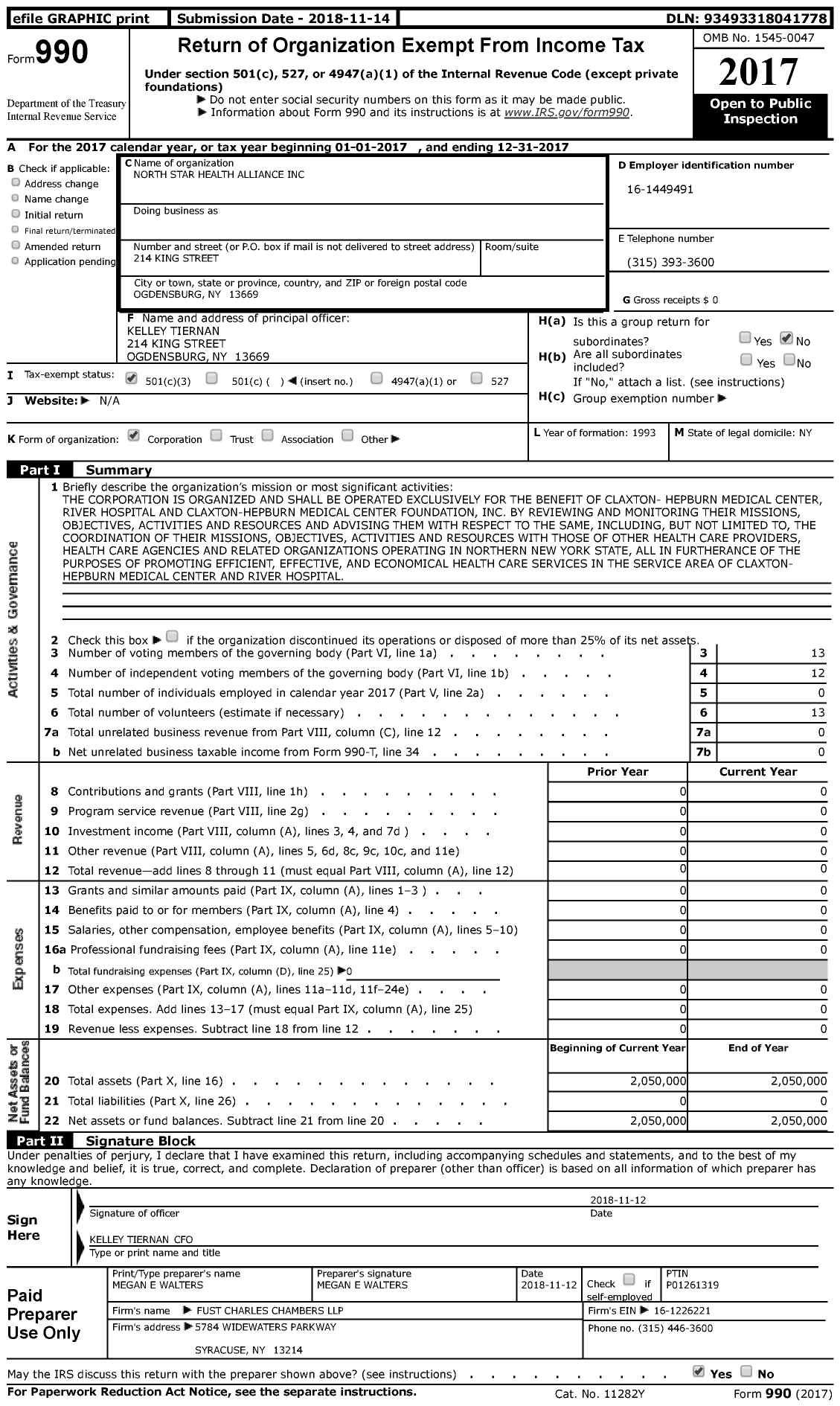 Image of first page of 2017 Form 990 for North Star Health Alliance