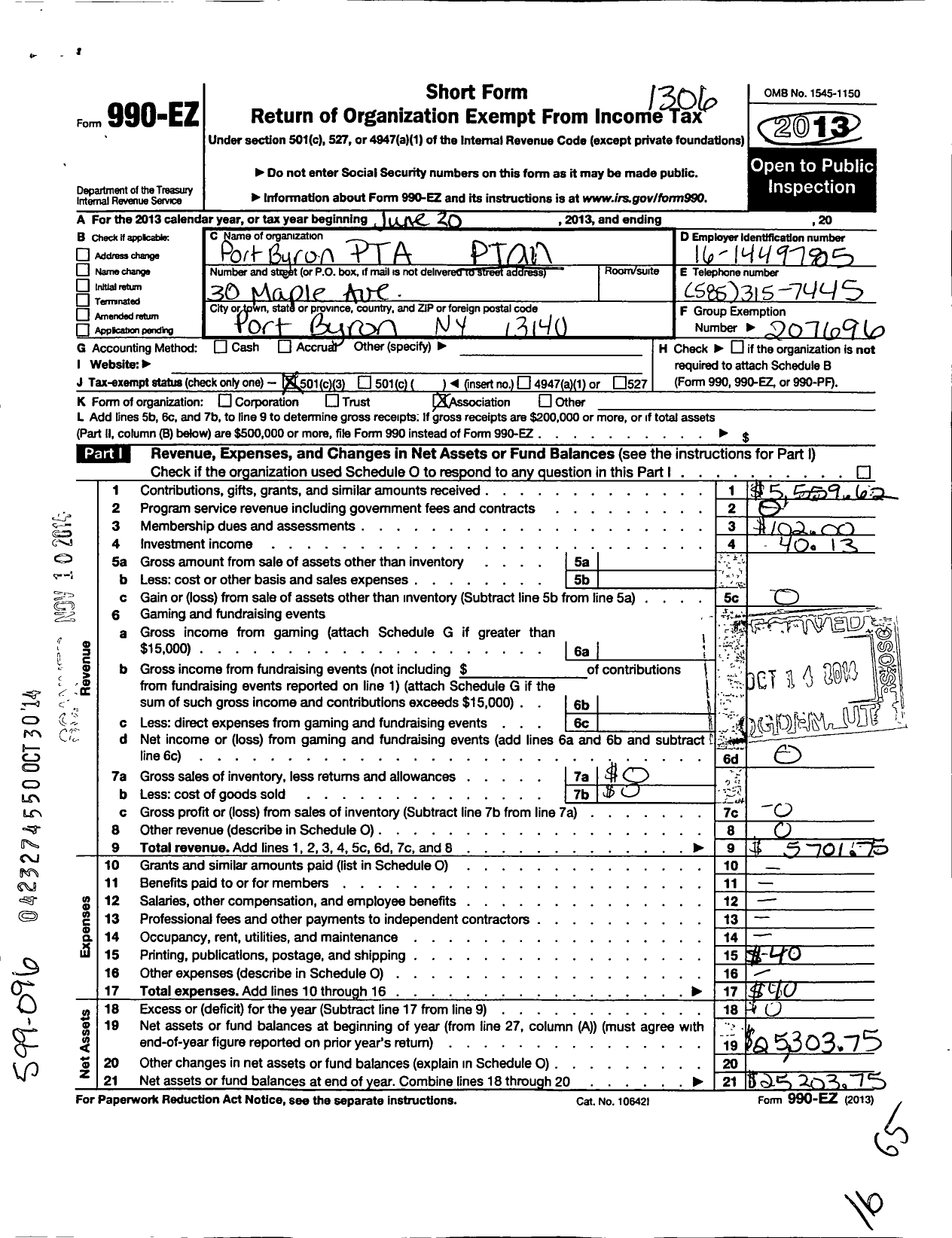 Image of first page of 2012 Form 990EZ for New York State PTA - 07-358 Port Byron PTA