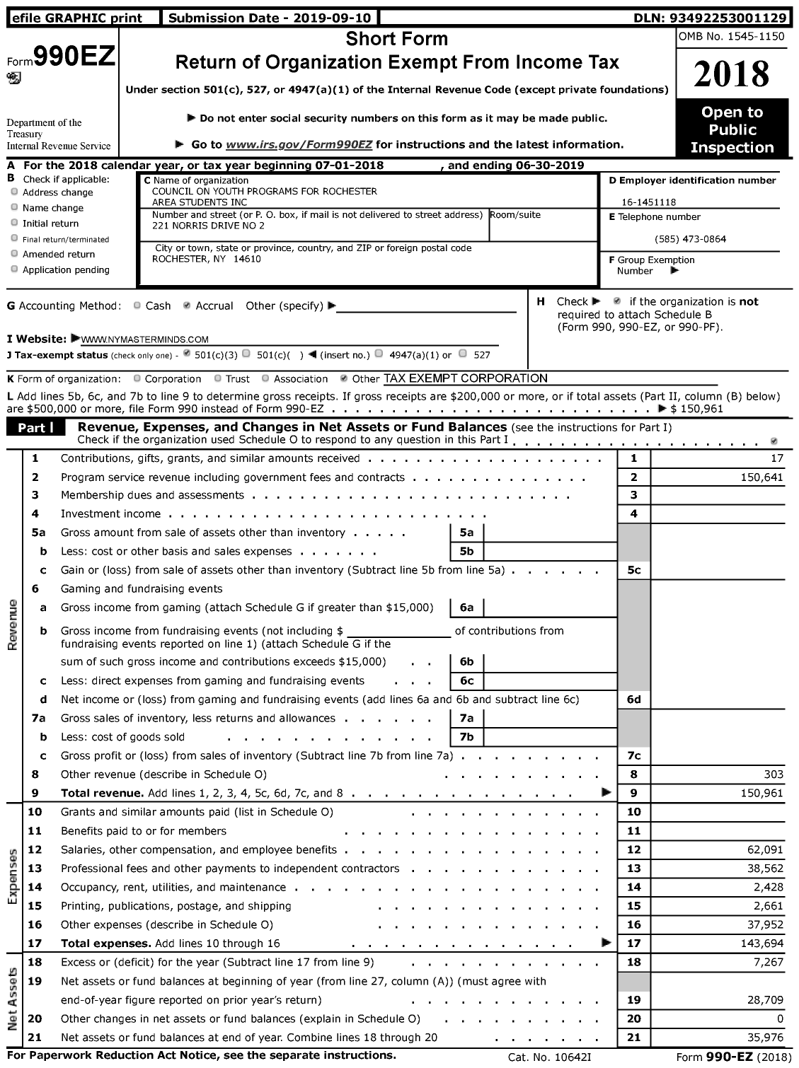 Image of first page of 2018 Form 990EZ for Council on Youth Programs for Area Students