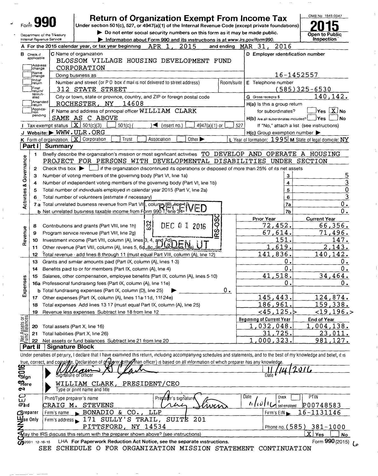 Image of first page of 2015 Form 990 for Blossom Village Housing Development Fund Corporation
