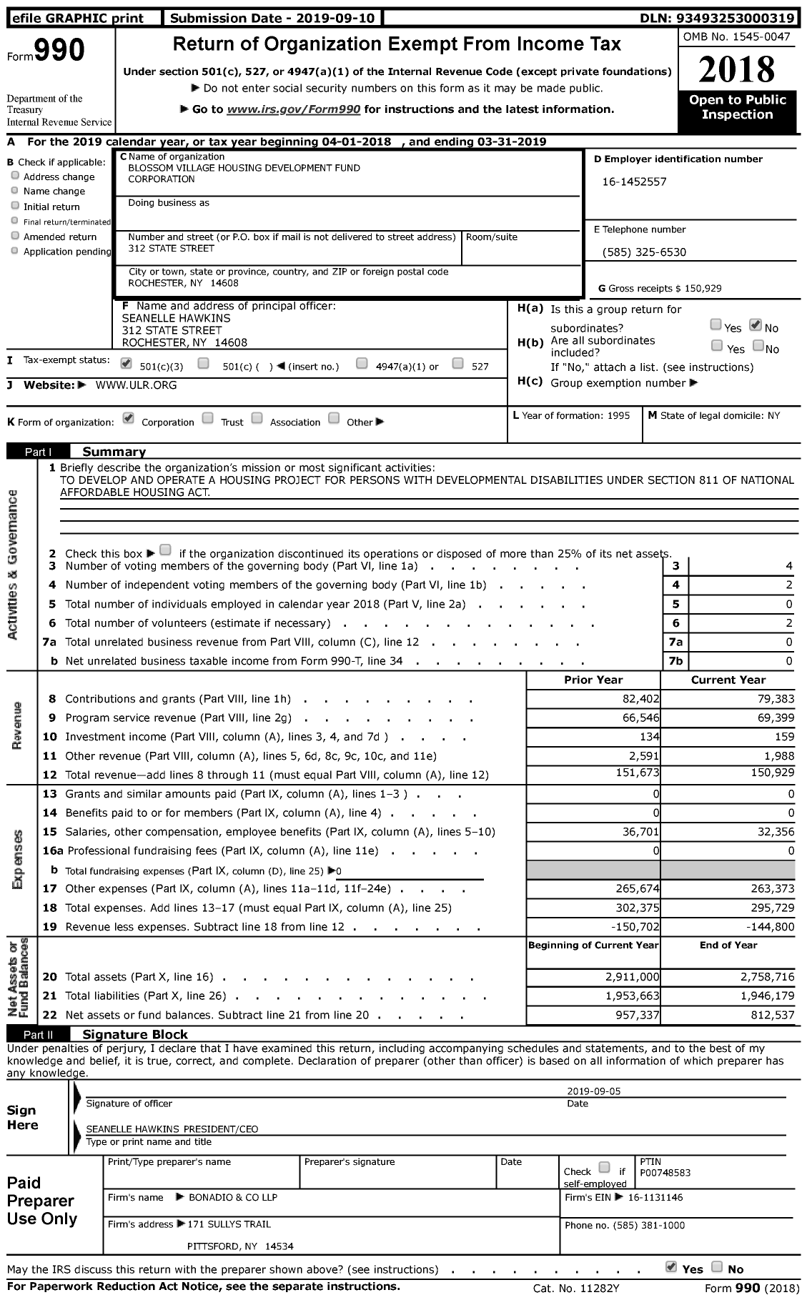 Image of first page of 2018 Form 990 for Blossom Village Housing Development Fund Corporation
