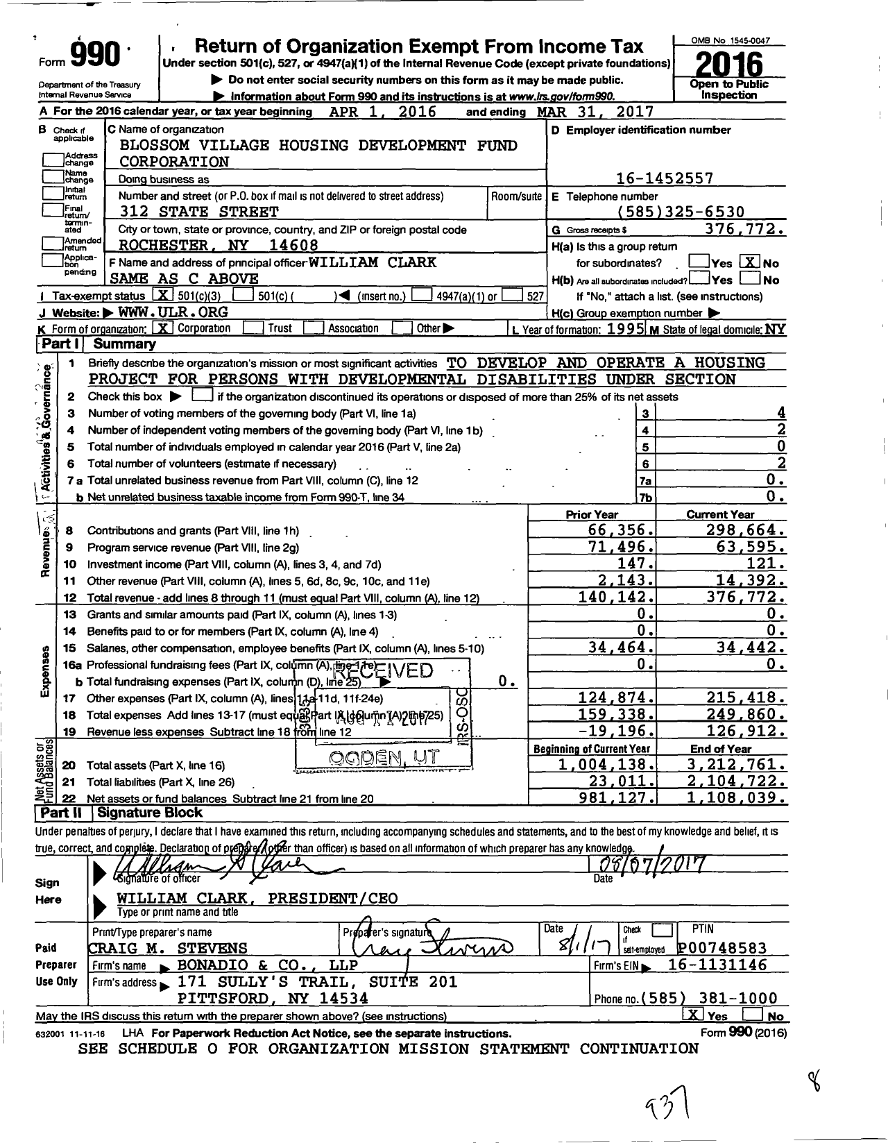 Image of first page of 2016 Form 990 for Blossom Village Housing Development Fund Corporation