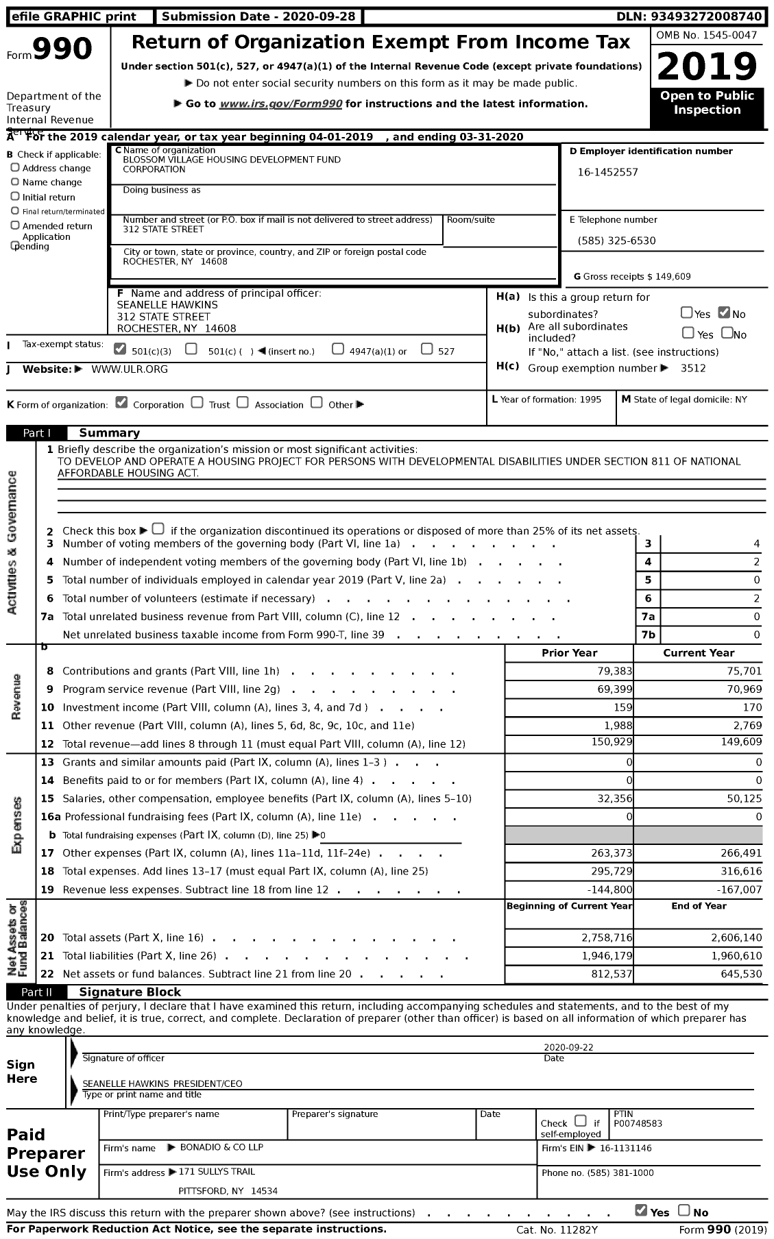 Image of first page of 2019 Form 990 for Blossom Village Housing Development Fund Corporation
