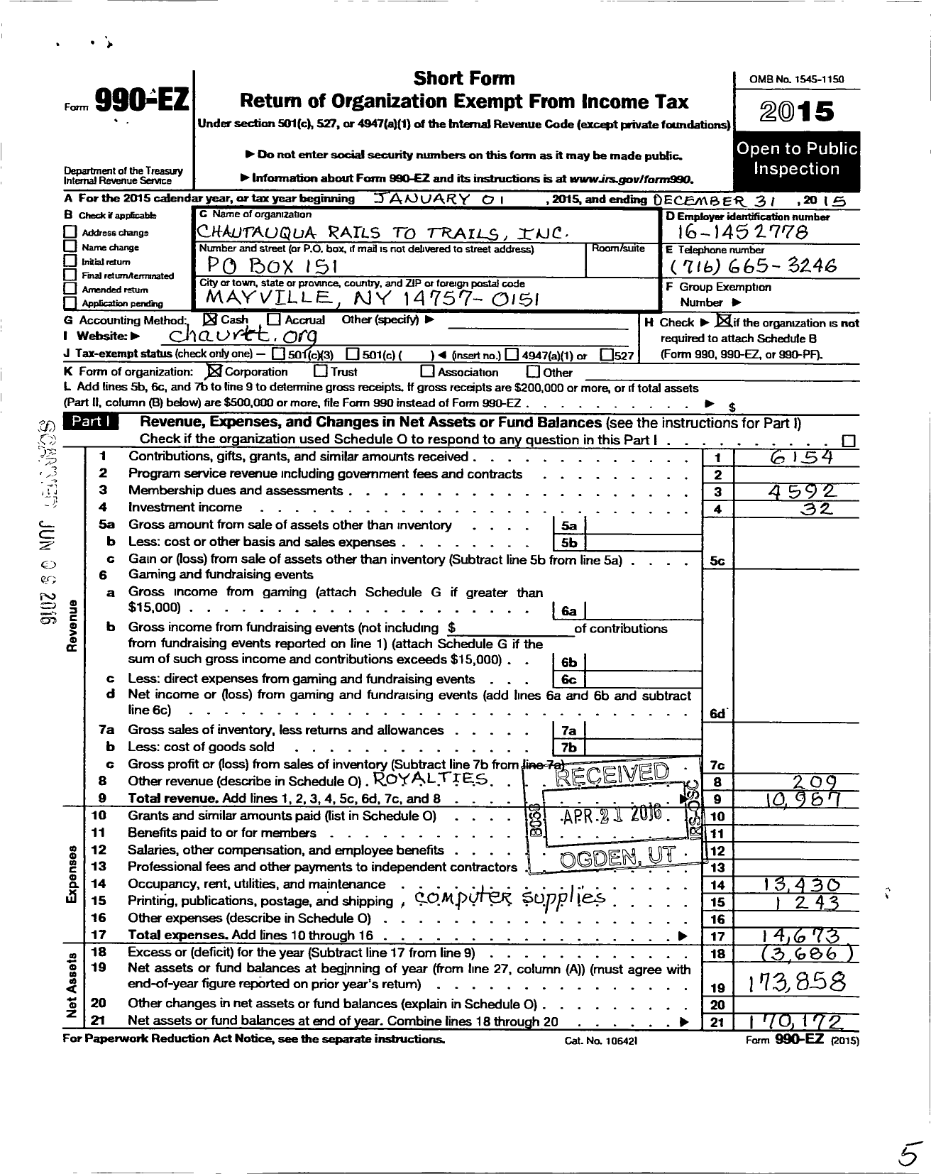 Image of first page of 2015 Form 990EO for Chautauqua Rails To Trails