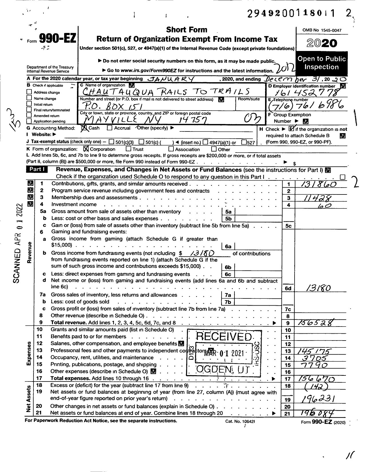 Image of first page of 2020 Form 990EZ for Chautauqua Rails To Trails