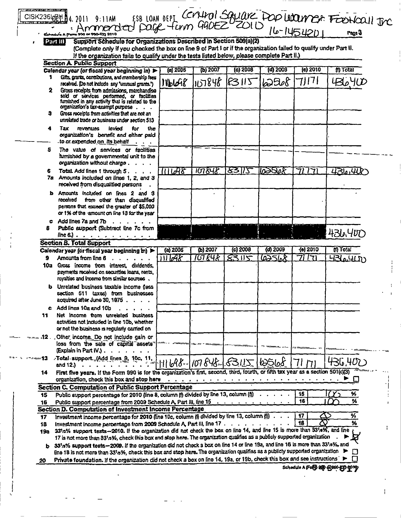 Image of first page of 2010 Form 990ER for Pop Warner Little Scholars / Central Square Pop Warner