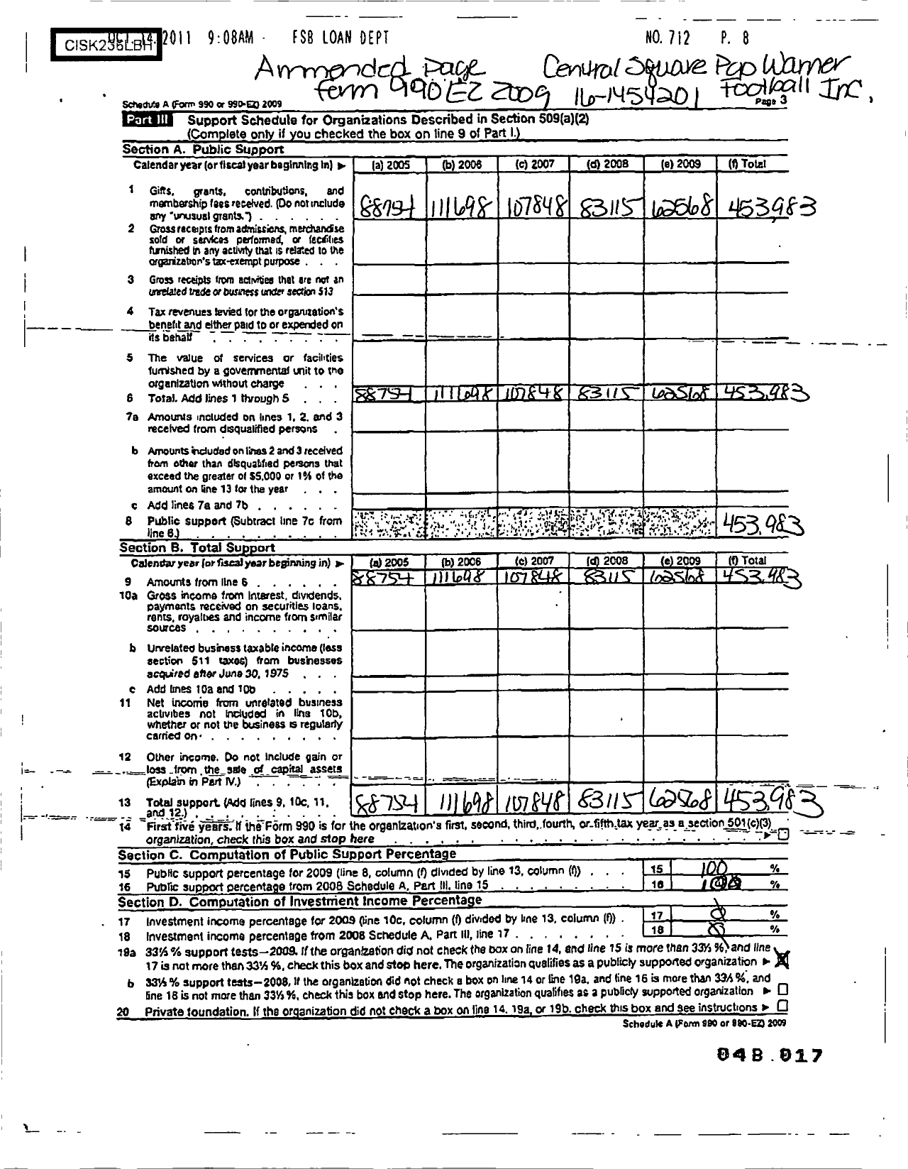 Image of first page of 2009 Form 990ER for Pop Warner Little Scholars / Central Square Pop Warner