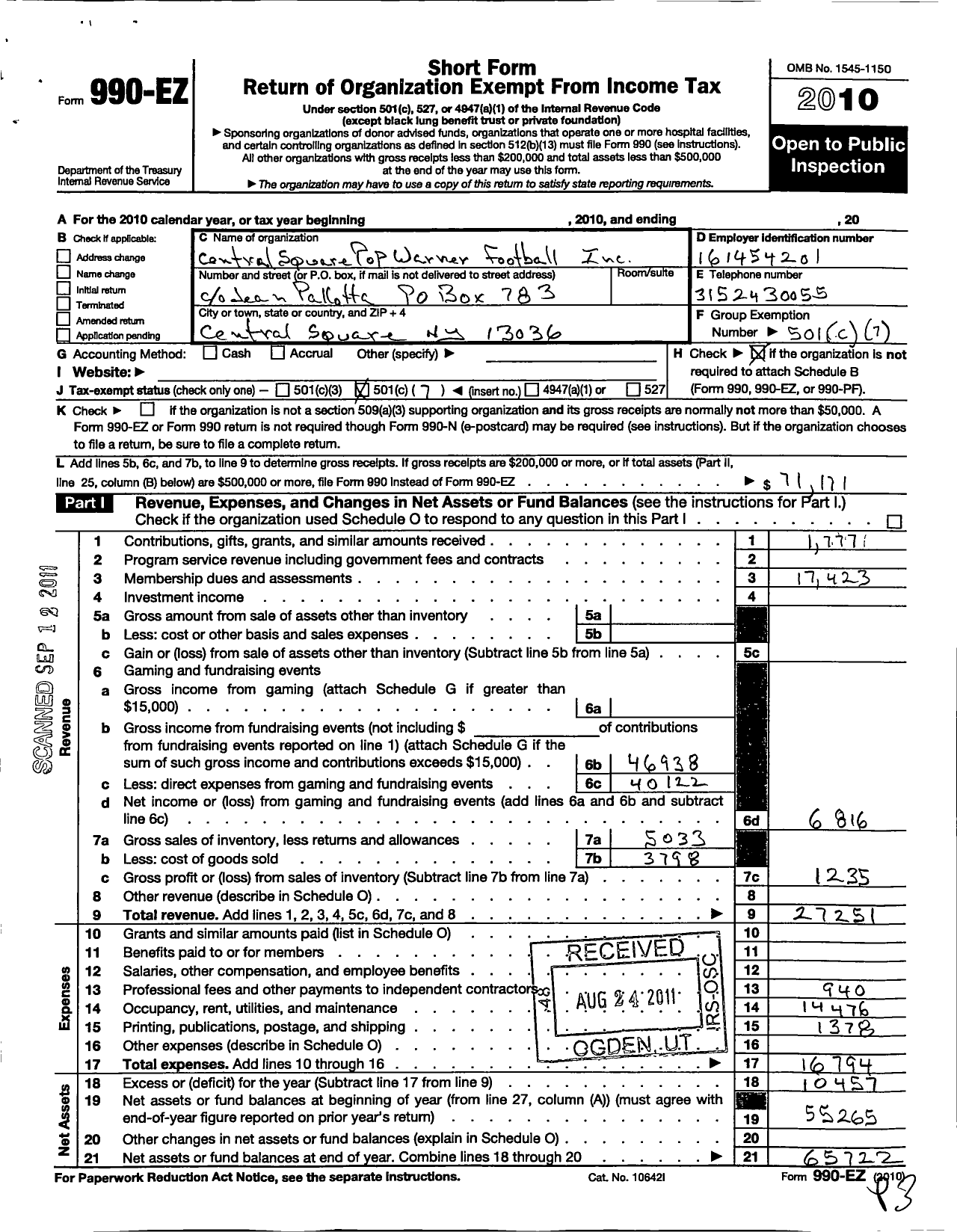 Image of first page of 2010 Form 990EO for Pop Warner Little Scholars / Central Square Pop Warner