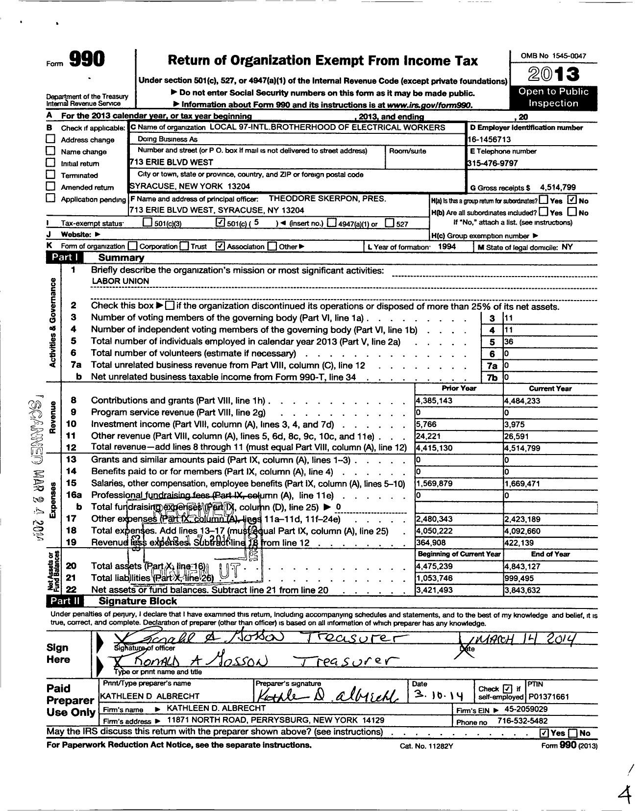 Image of first page of 2013 Form 990O for International Brotherhood of Electrical Workers - 0097 Local Union