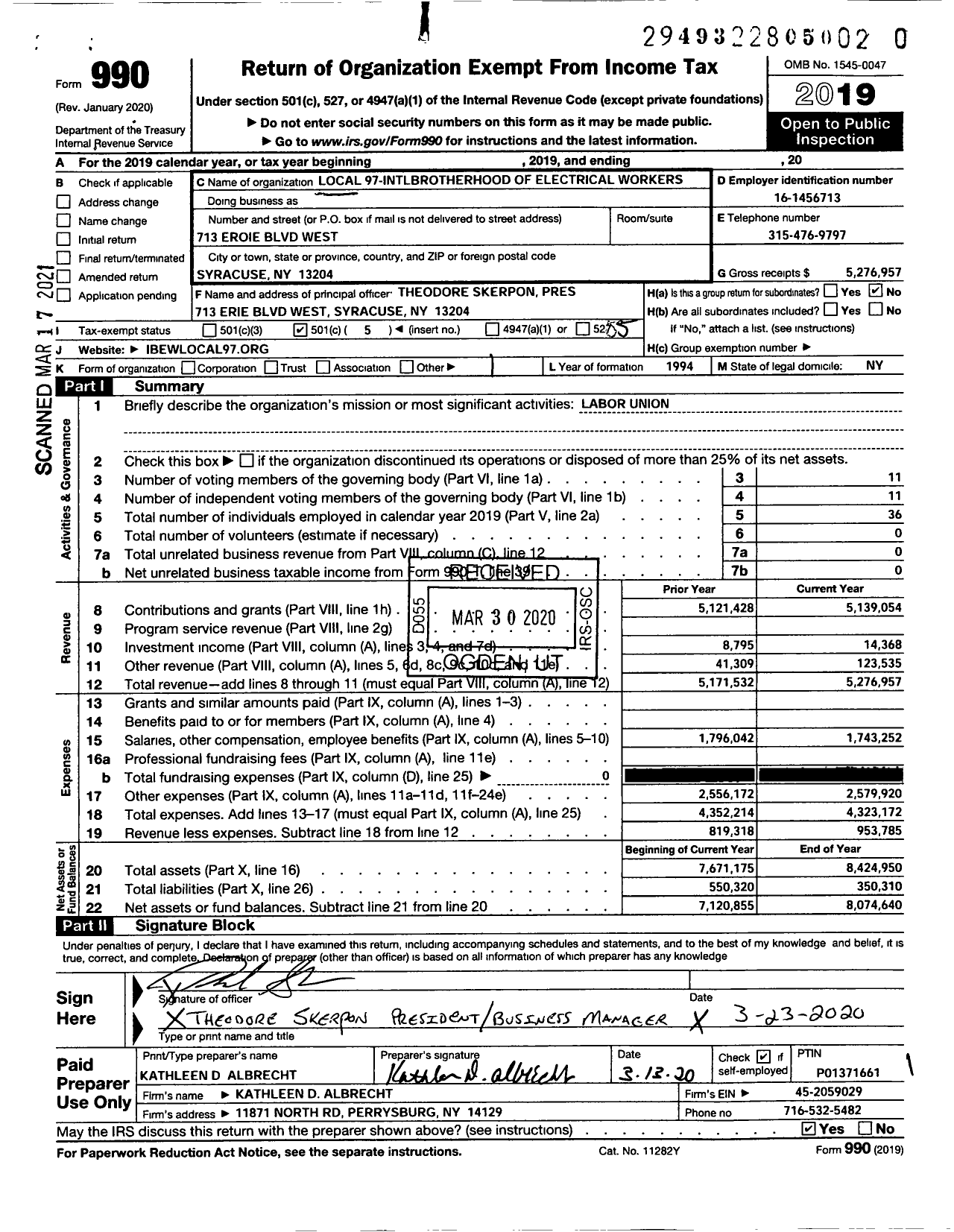 Image of first page of 2019 Form 990O for International Brotherhood of Electrical Workers - 0097 Local Union