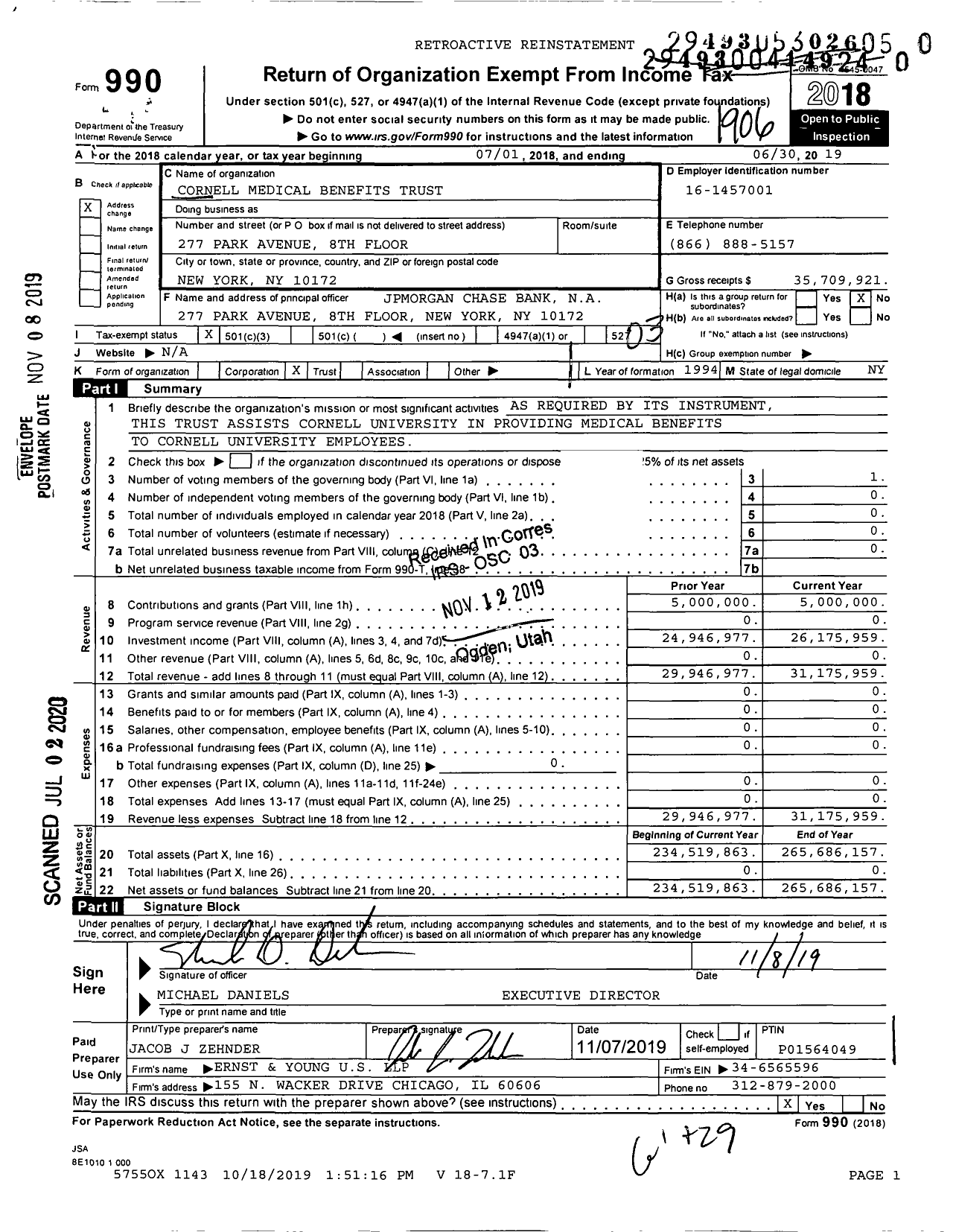 Image of first page of 2018 Form 990 for Cornell Medical Benefits Trust