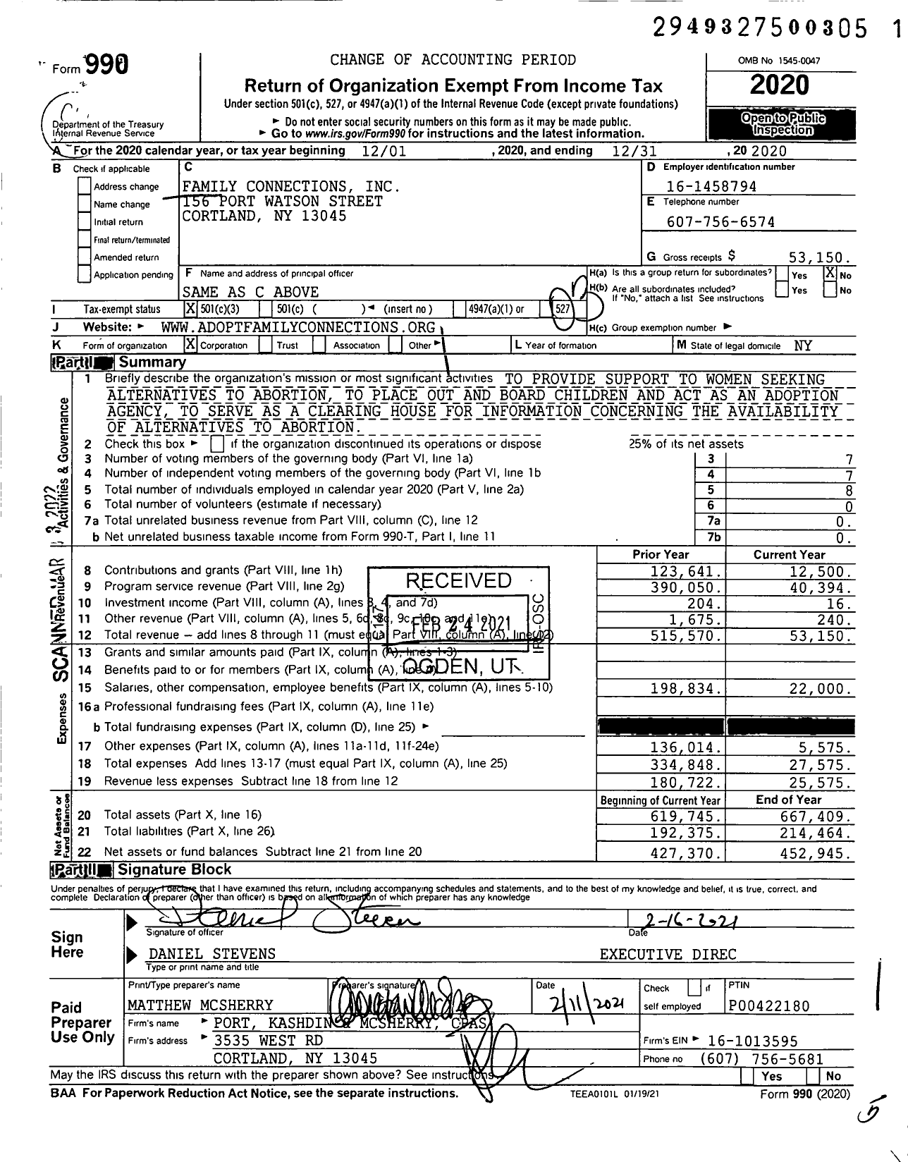 Image of first page of 2020 Form 990 for Family Connections