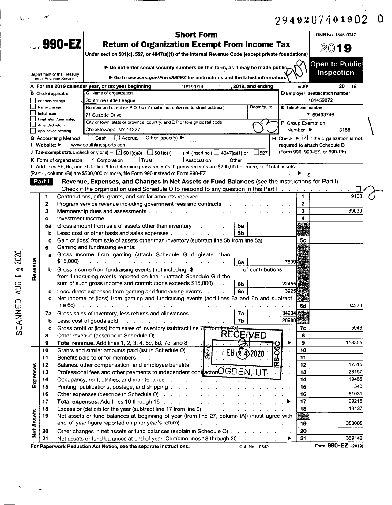 Image of first page of 2018 Form 990EZ for Southline Little League