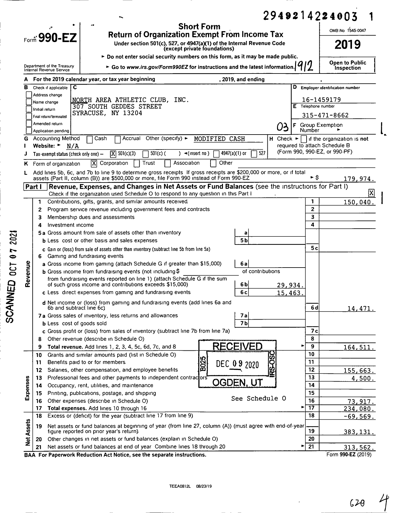 Image of first page of 2019 Form 990EZ for North Area Athletic Club