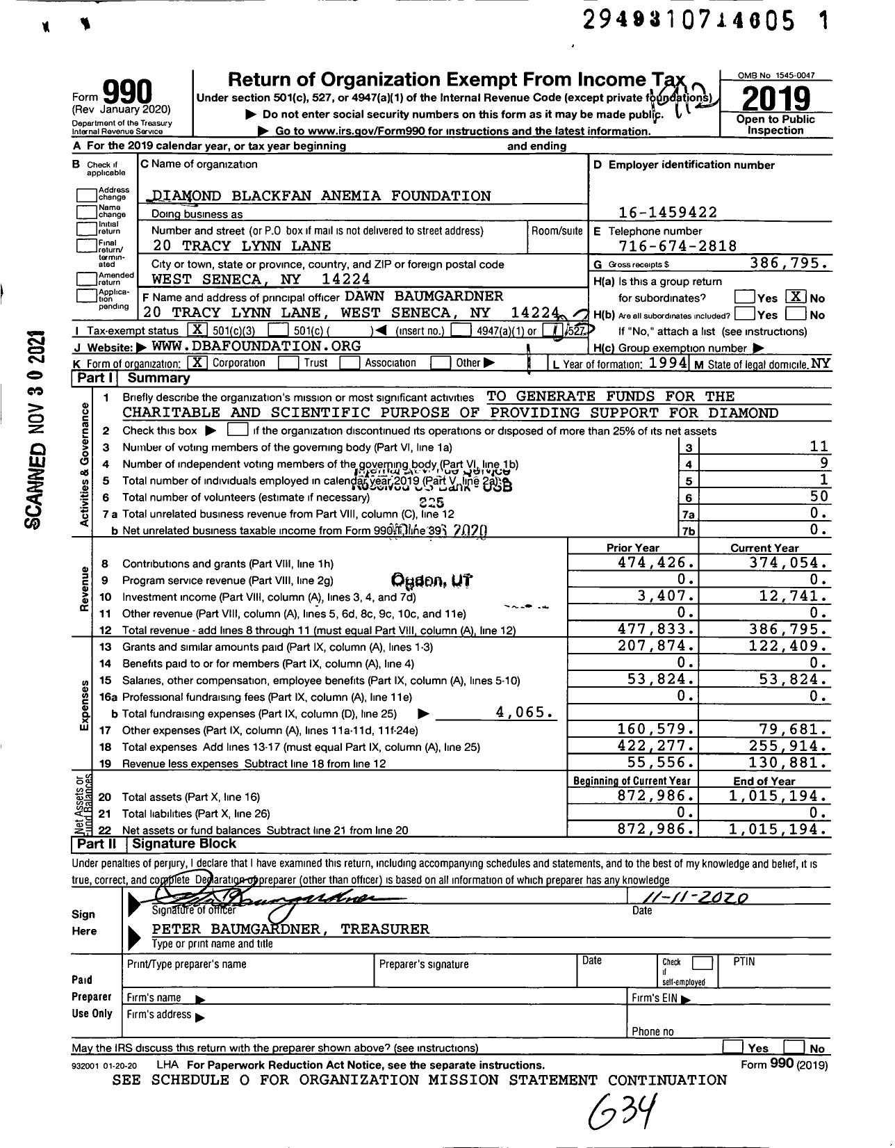 Image of first page of 2019 Form 990 for Diamond Blackfan Anemia Foundation