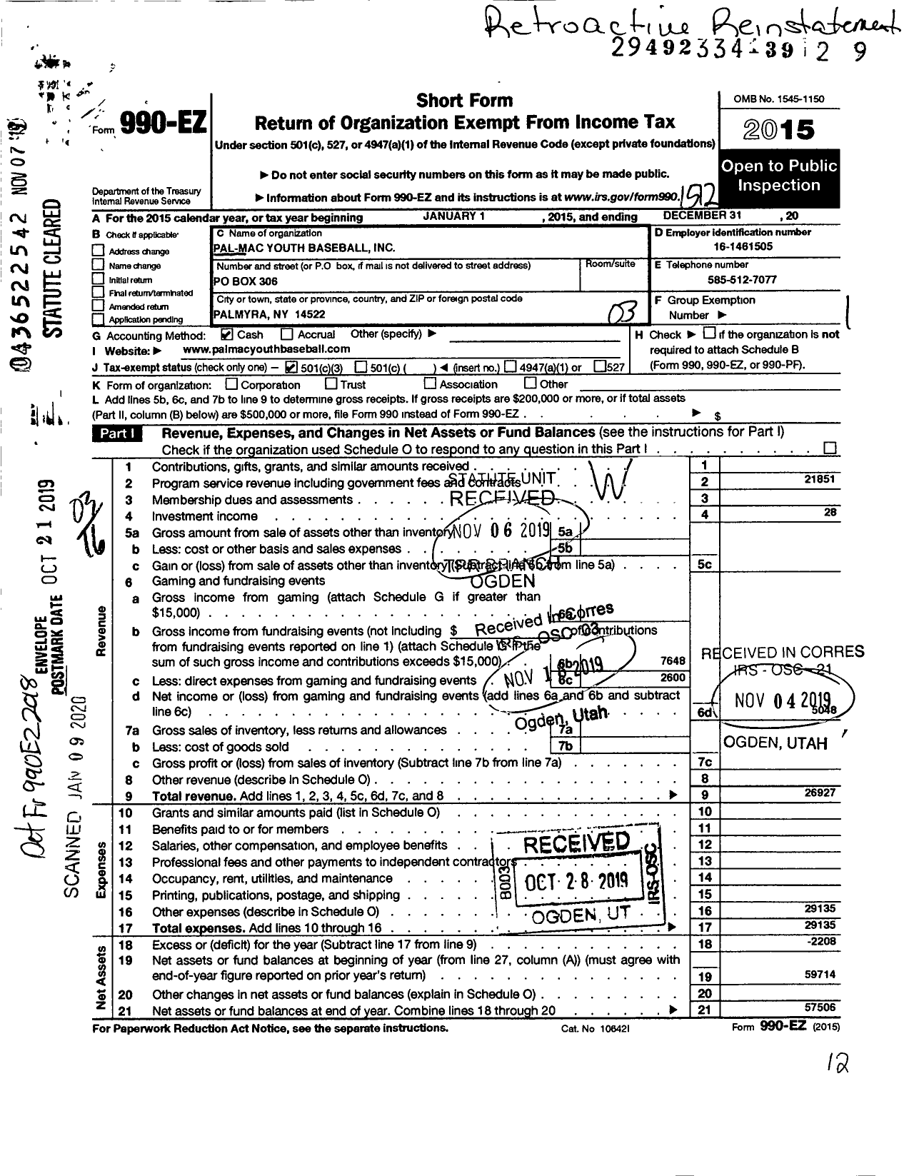 Image of first page of 2015 Form 990EZ for Pal-Mac Youth Baseball