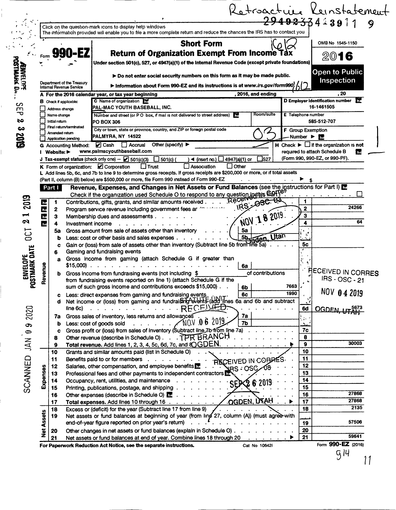 Image of first page of 2016 Form 990EZ for Pal-Mac Youth Baseball