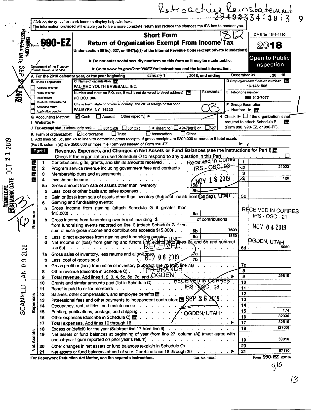 Image of first page of 2018 Form 990EZ for Pal-Mac Youth Baseball