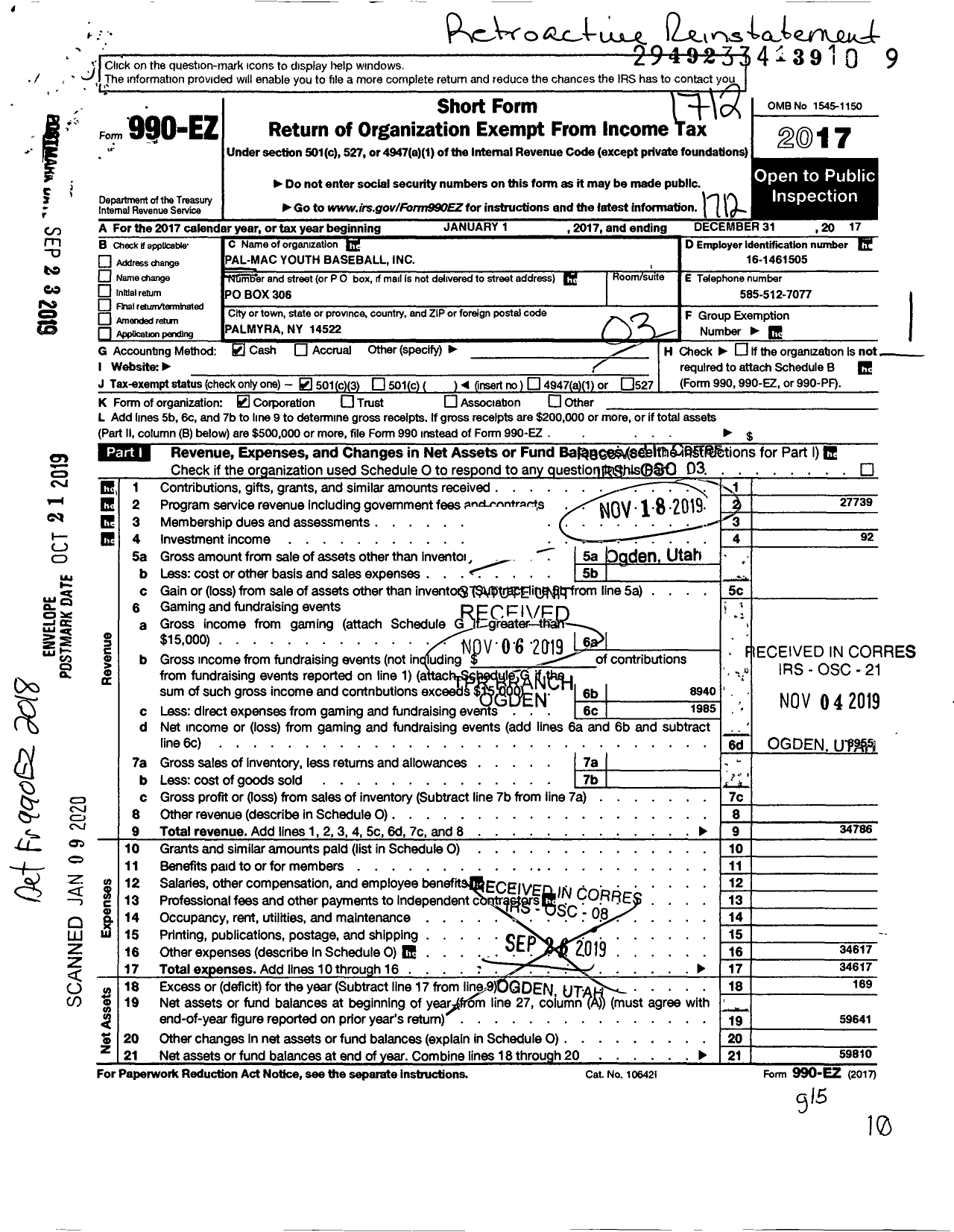 Image of first page of 2017 Form 990EZ for Pal-Mac Youth Baseball