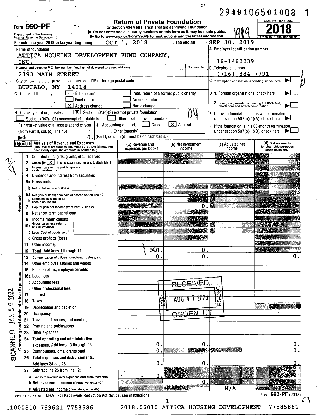 Image of first page of 2018 Form 990PF for Attica Housing Development Fund Company