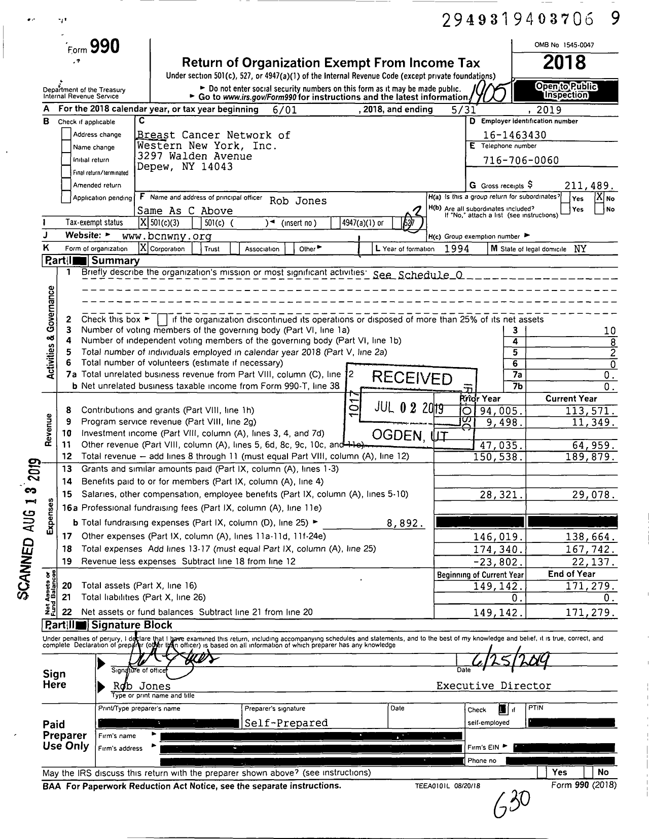 Image of first page of 2018 Form 990 for Breast Cancer Network of Western New York