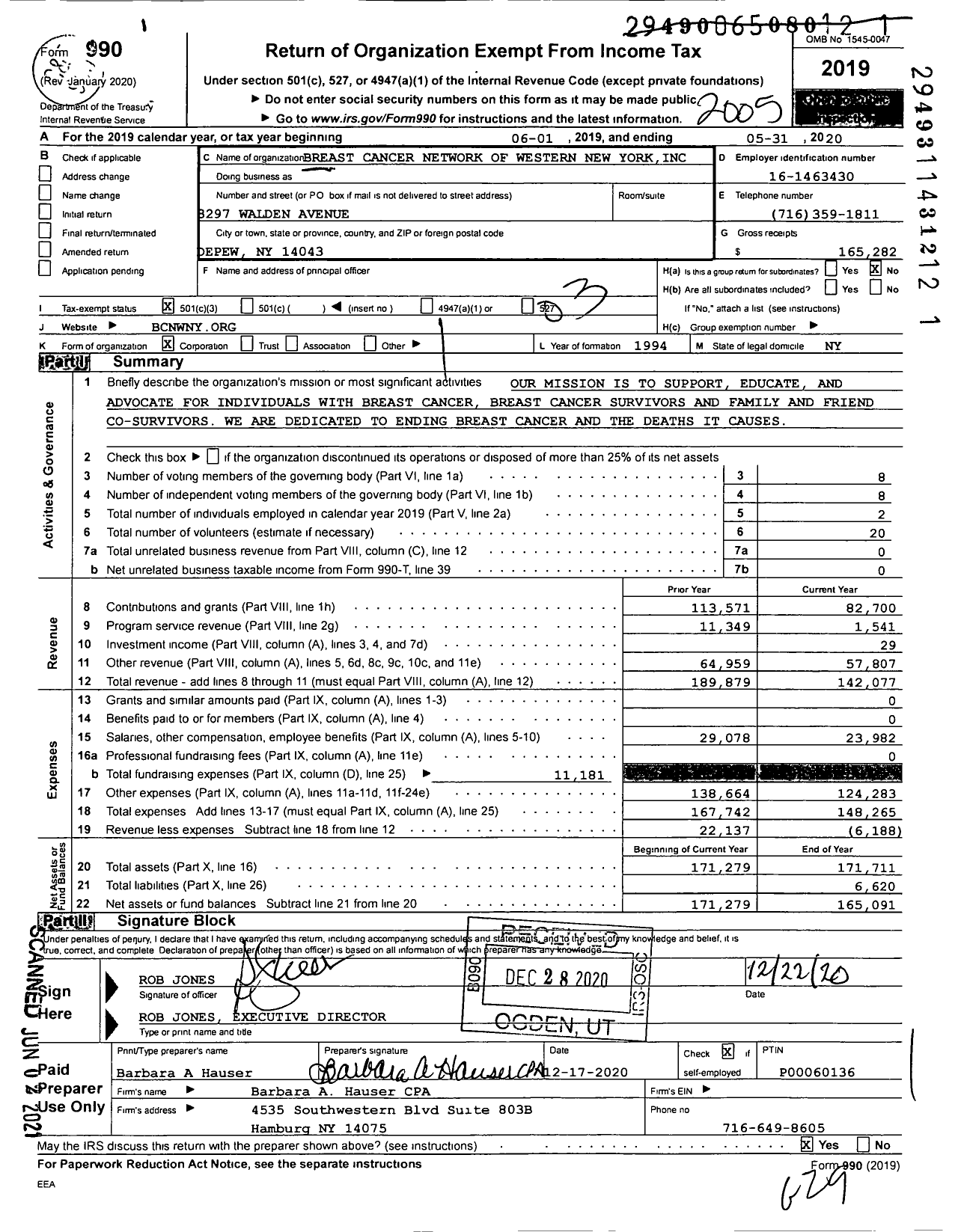 Image of first page of 2019 Form 990 for Breast Cancer Network of Western New York