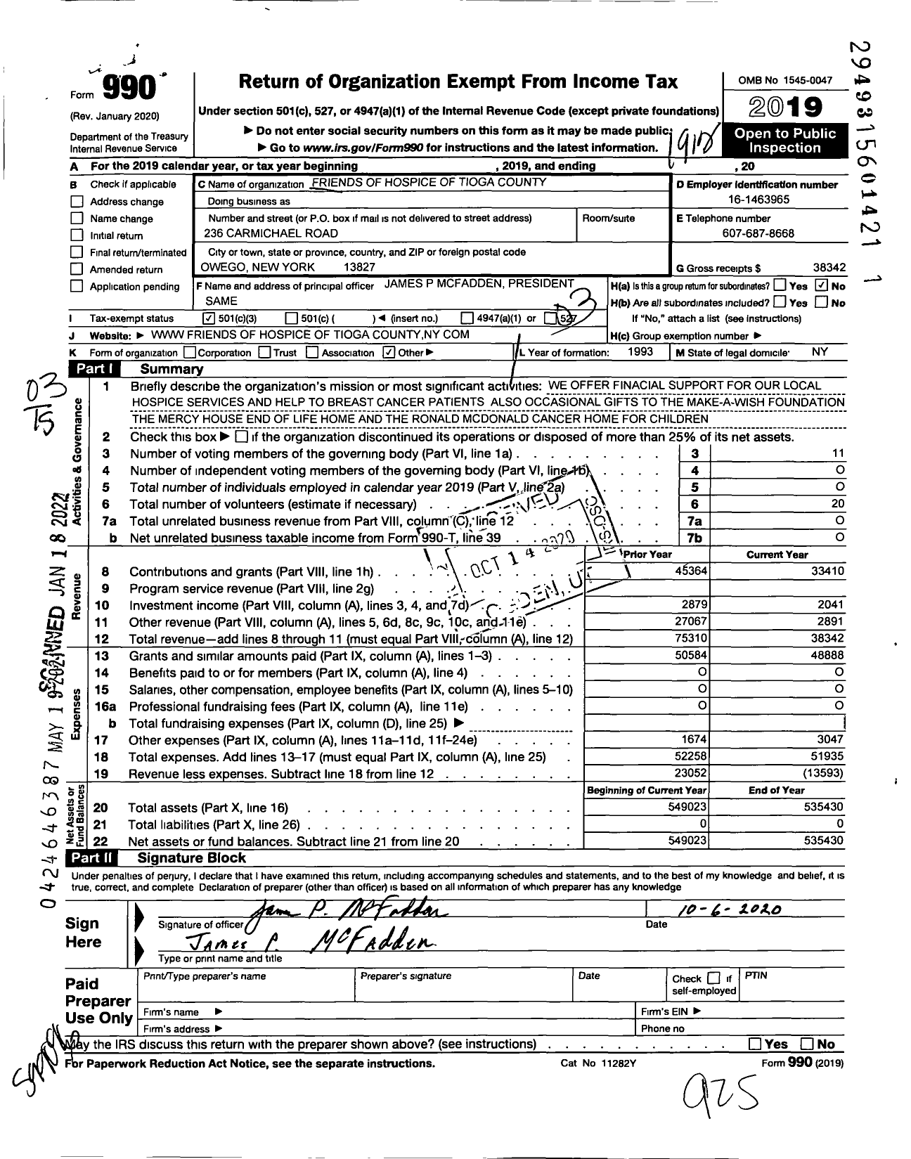 Image of first page of 2019 Form 990 for Friends of Hospice of Tioga County