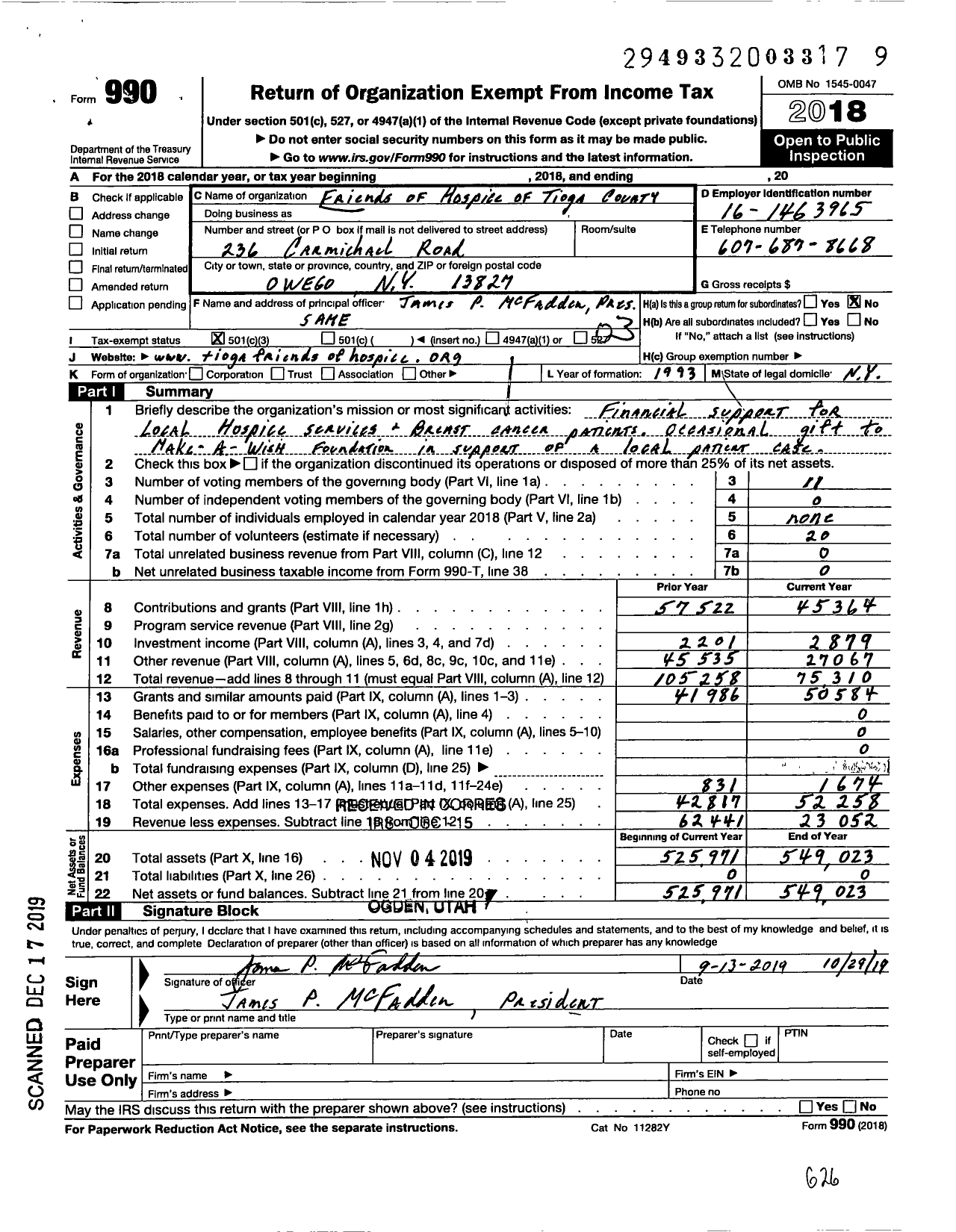 Image of first page of 2018 Form 990 for Friends of Hospice of Tioga County