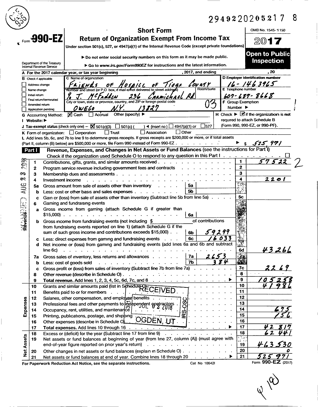 Image of first page of 2017 Form 990EZ for Friends of Hospice of Tioga County