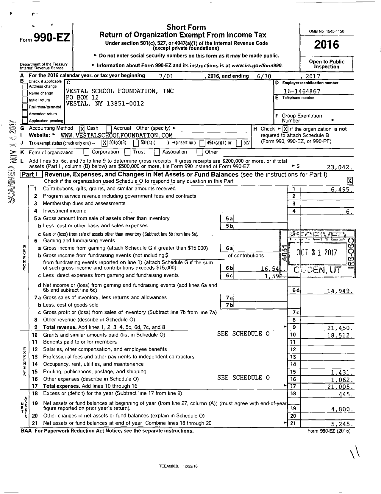 Image of first page of 2016 Form 990EZ for Vestal School Foundation