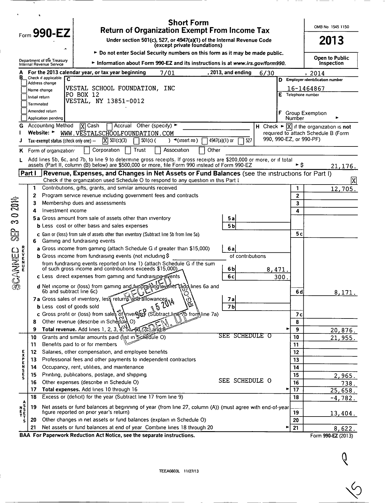 Image of first page of 2013 Form 990EZ for Vestal School Foundation