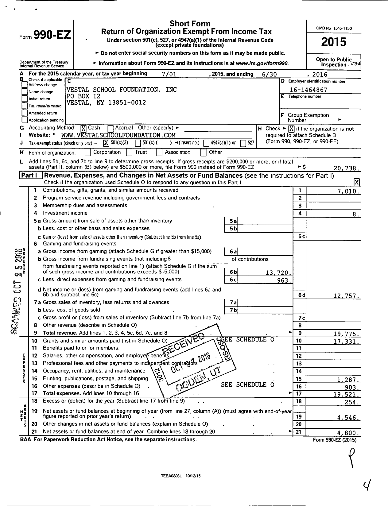 Image of first page of 2015 Form 990EZ for Vestal School Foundation