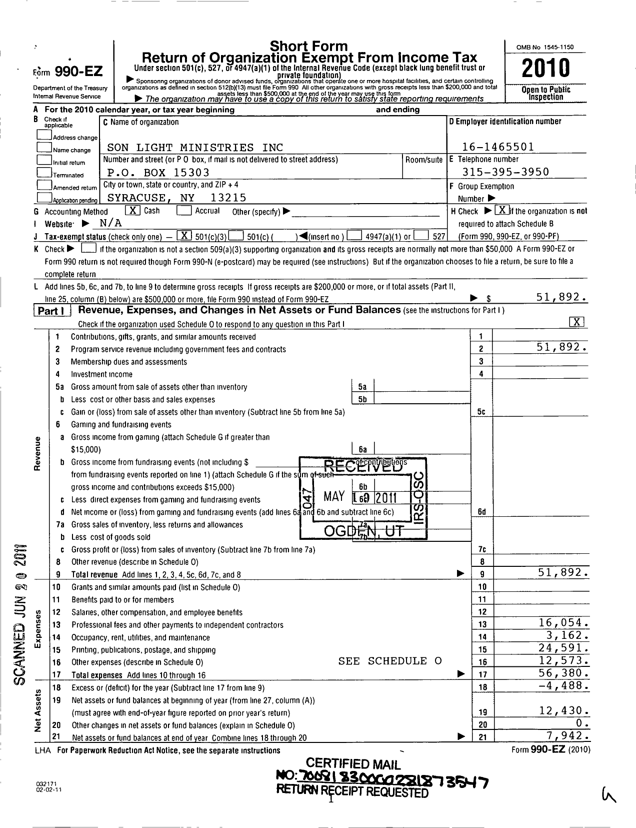 Image of first page of 2010 Form 990EZ for Son Light Ministries