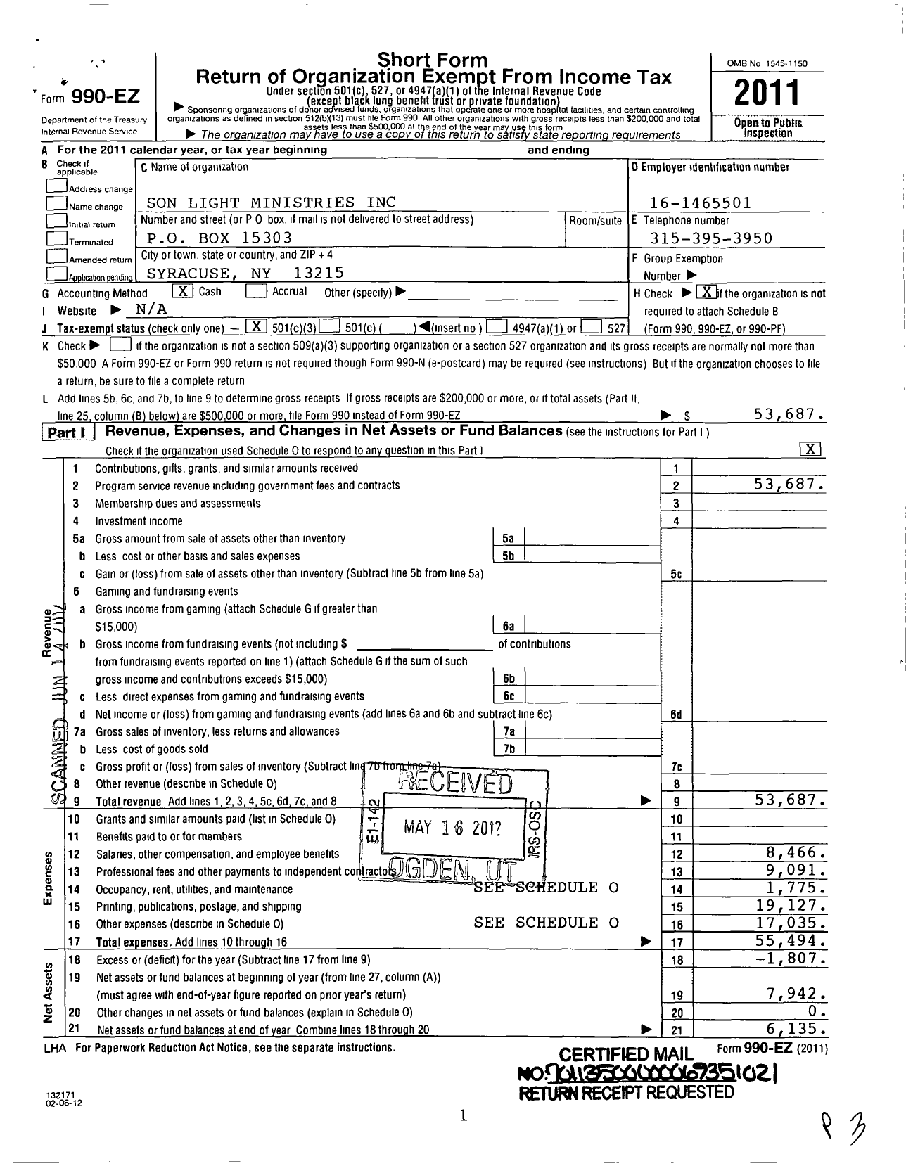 Image of first page of 2011 Form 990EZ for Son Light Ministries