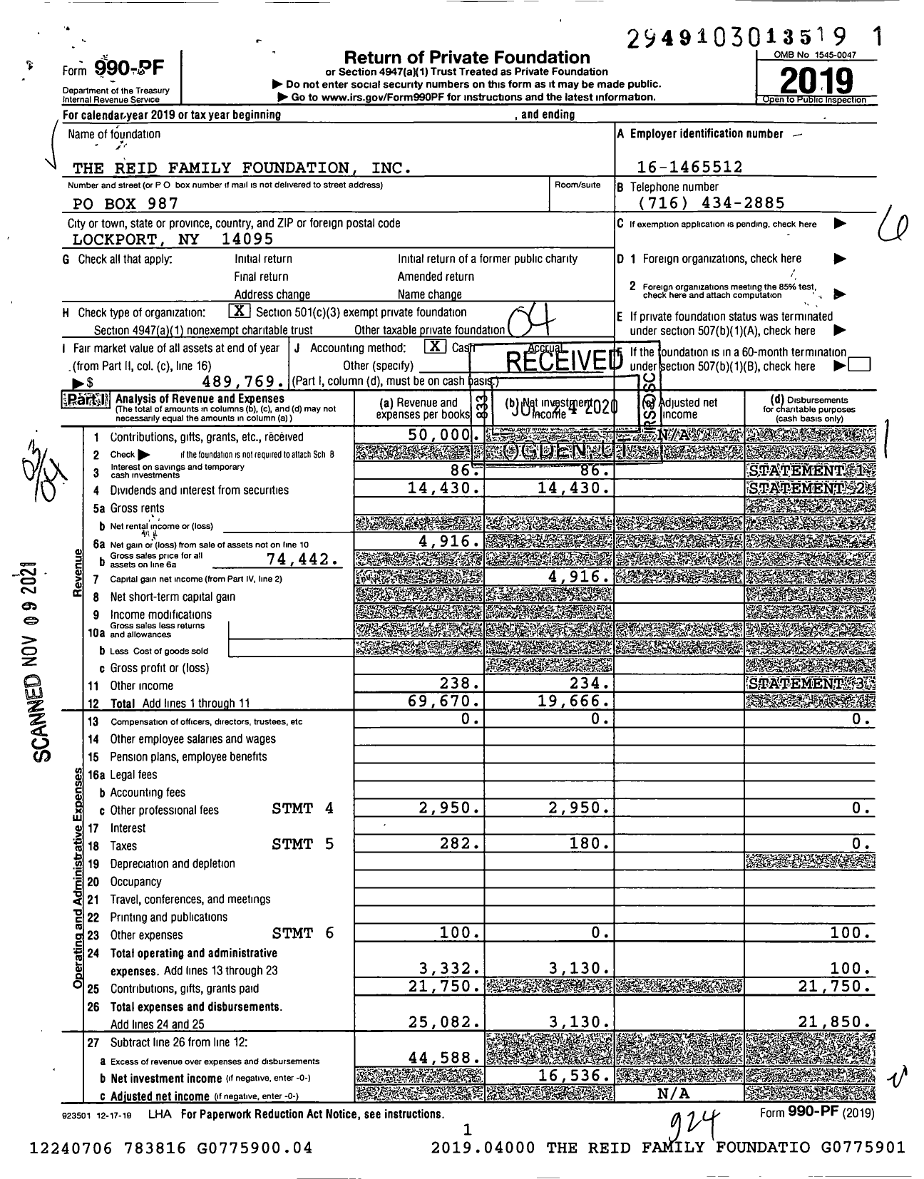 Image of first page of 2019 Form 990PF for The Reid Family Foundation