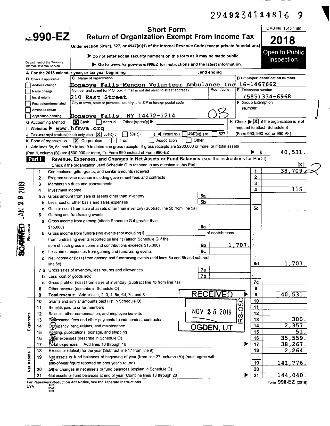 Image of first page of 2018 Form 990EZ for Honeoye Falls-Mendon Volunteer Ambulance