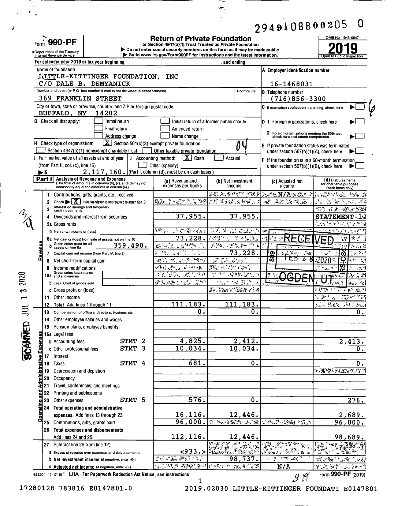 Image of first page of 2019 Form 990PR for Little-Kittinger Foundation