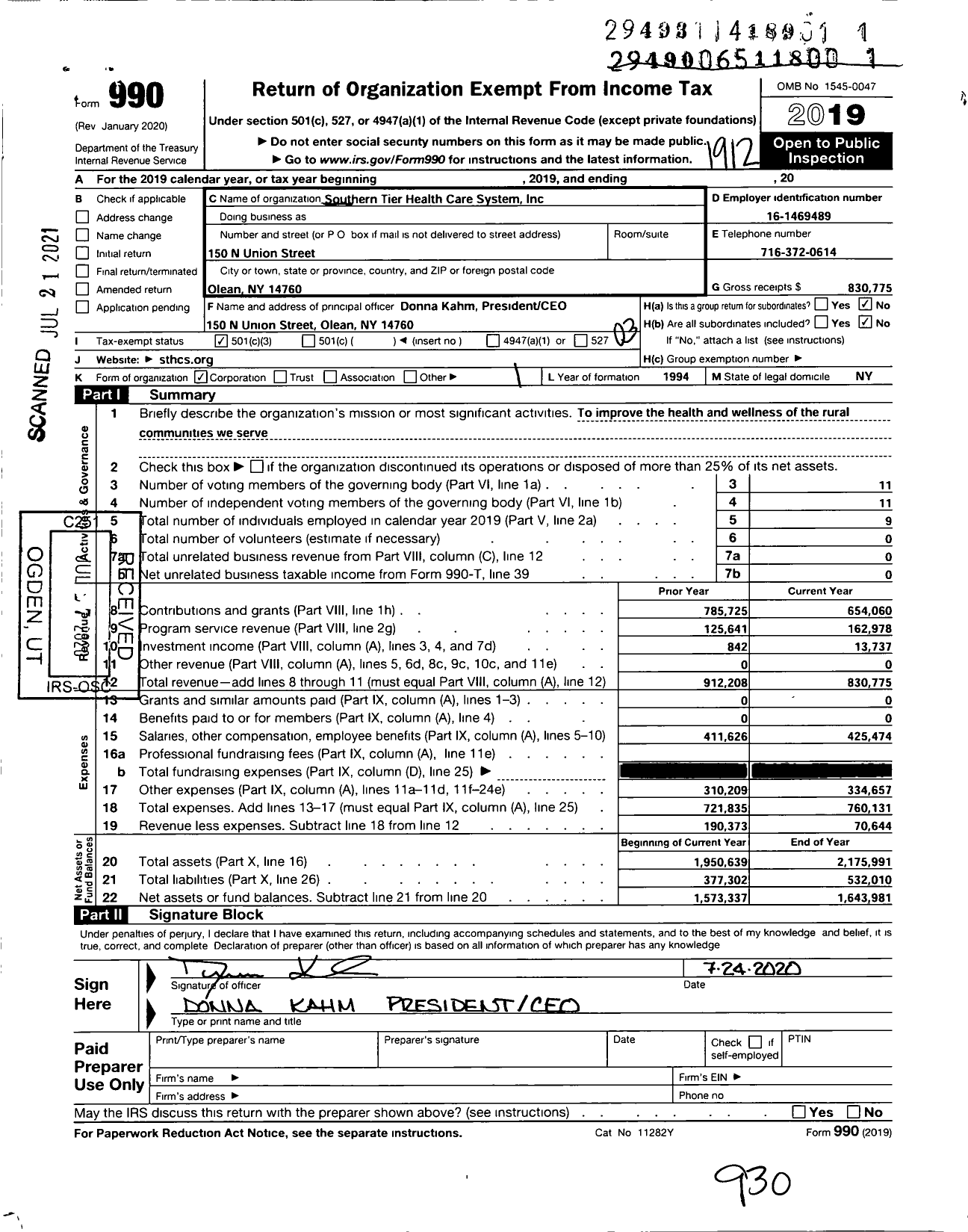 Image of first page of 2019 Form 990 for Southern Tier Health Care System