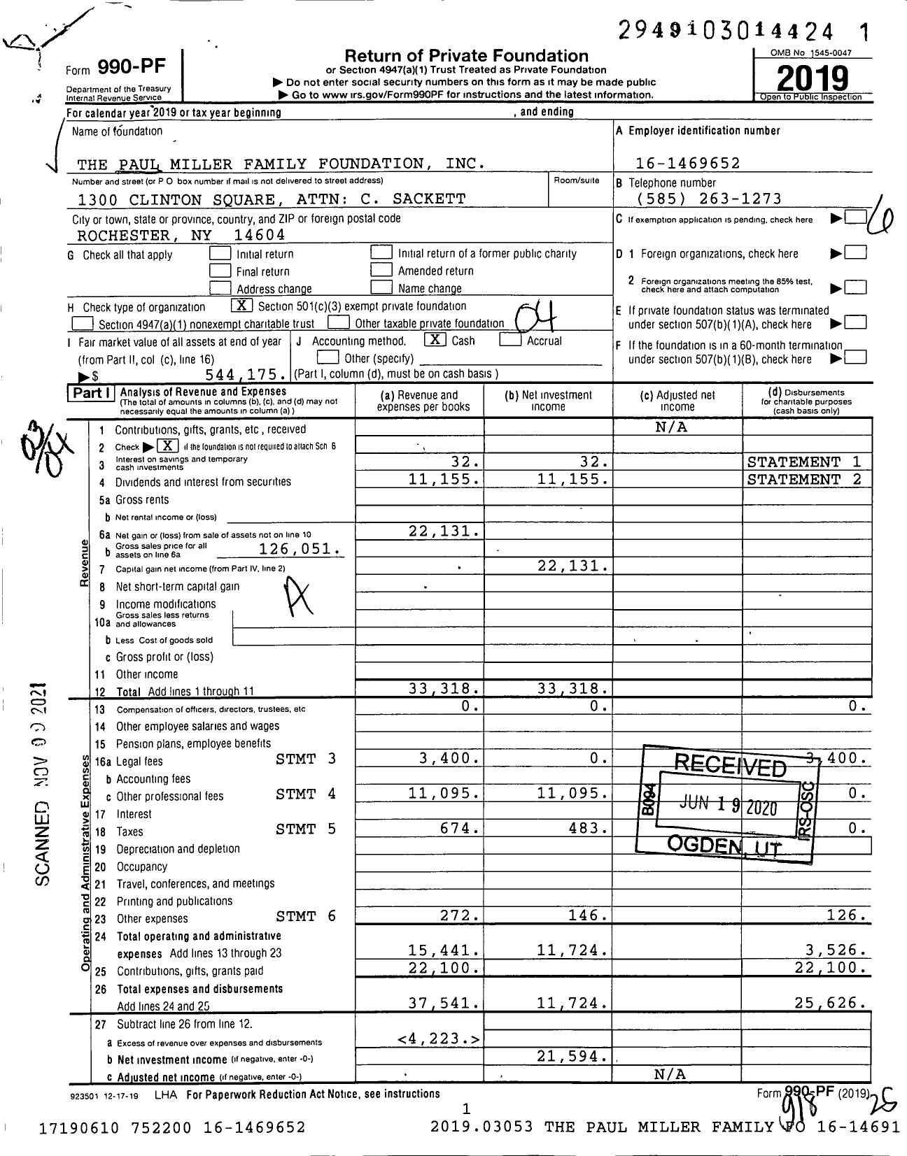 Image of first page of 2019 Form 990PF for The Paul Miller Family Foundation