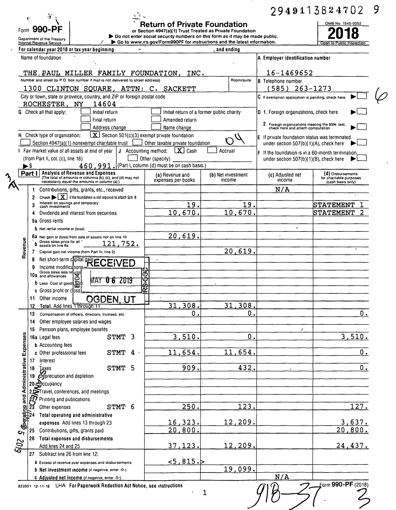 Image of first page of 2018 Form 990PF for The Paul Miller Family Foundation