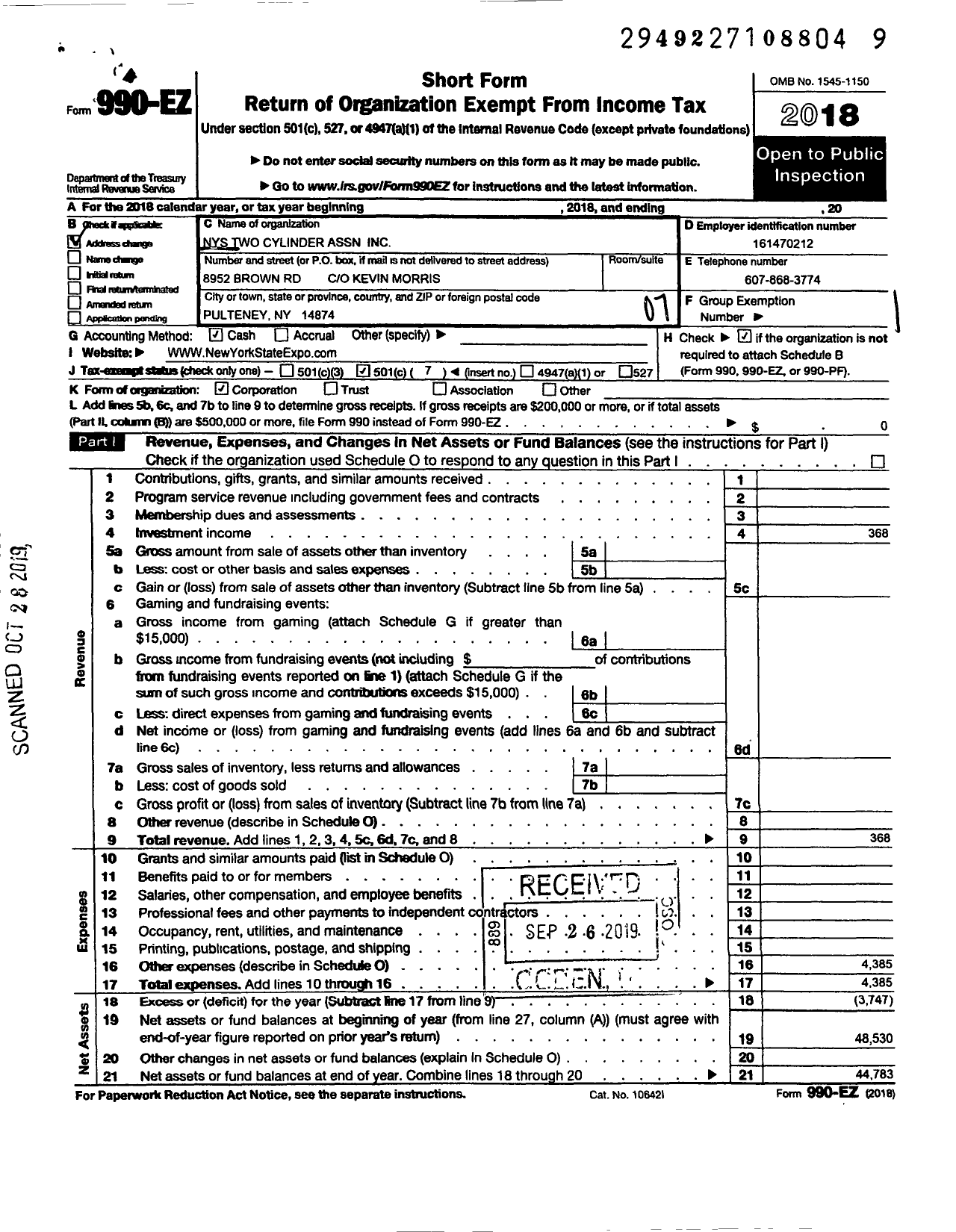 Image of first page of 2018 Form 990EO for New York State Two Cylinder Expo Association