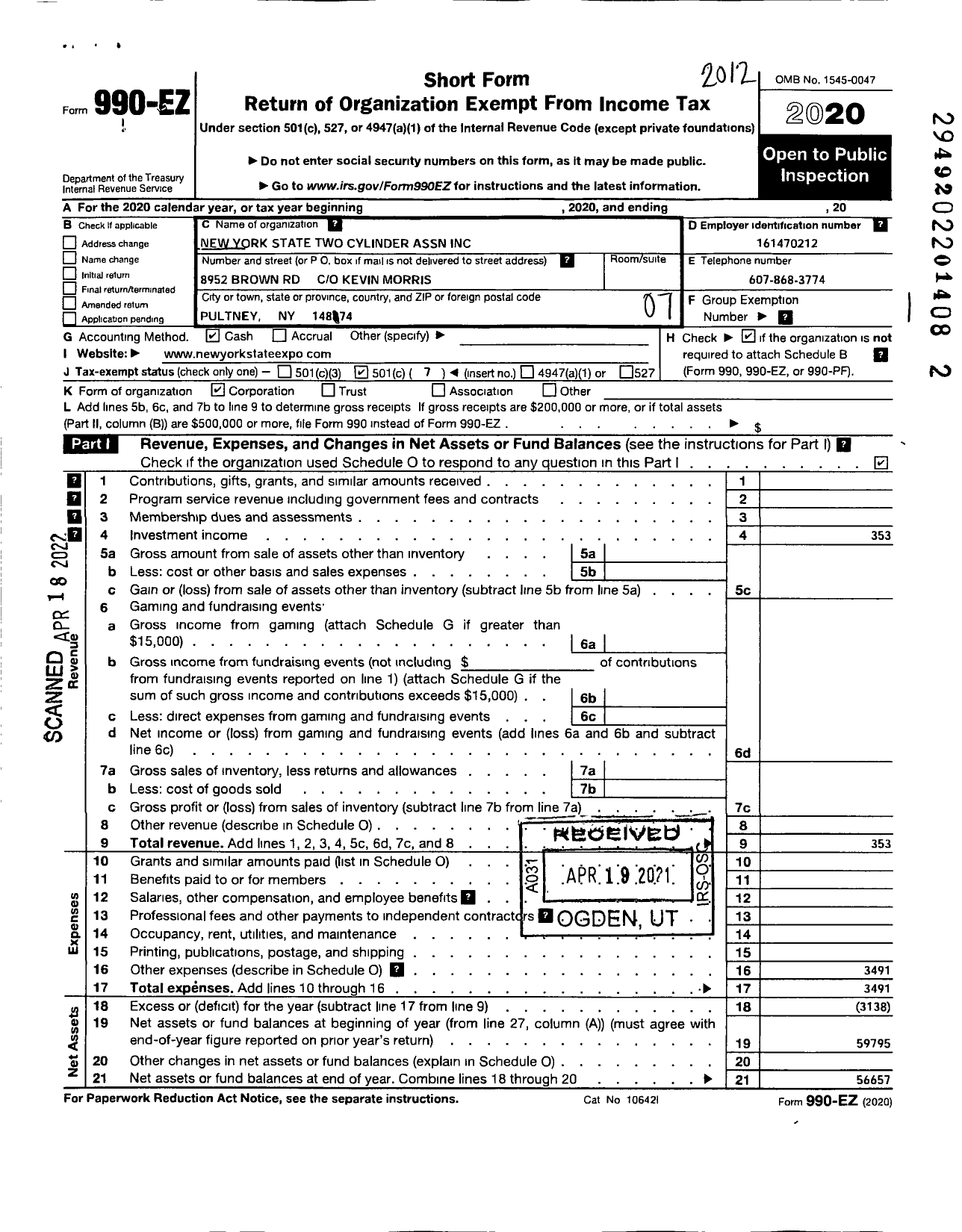 Image of first page of 2020 Form 990EO for New York State Two Cylinder Expo Association