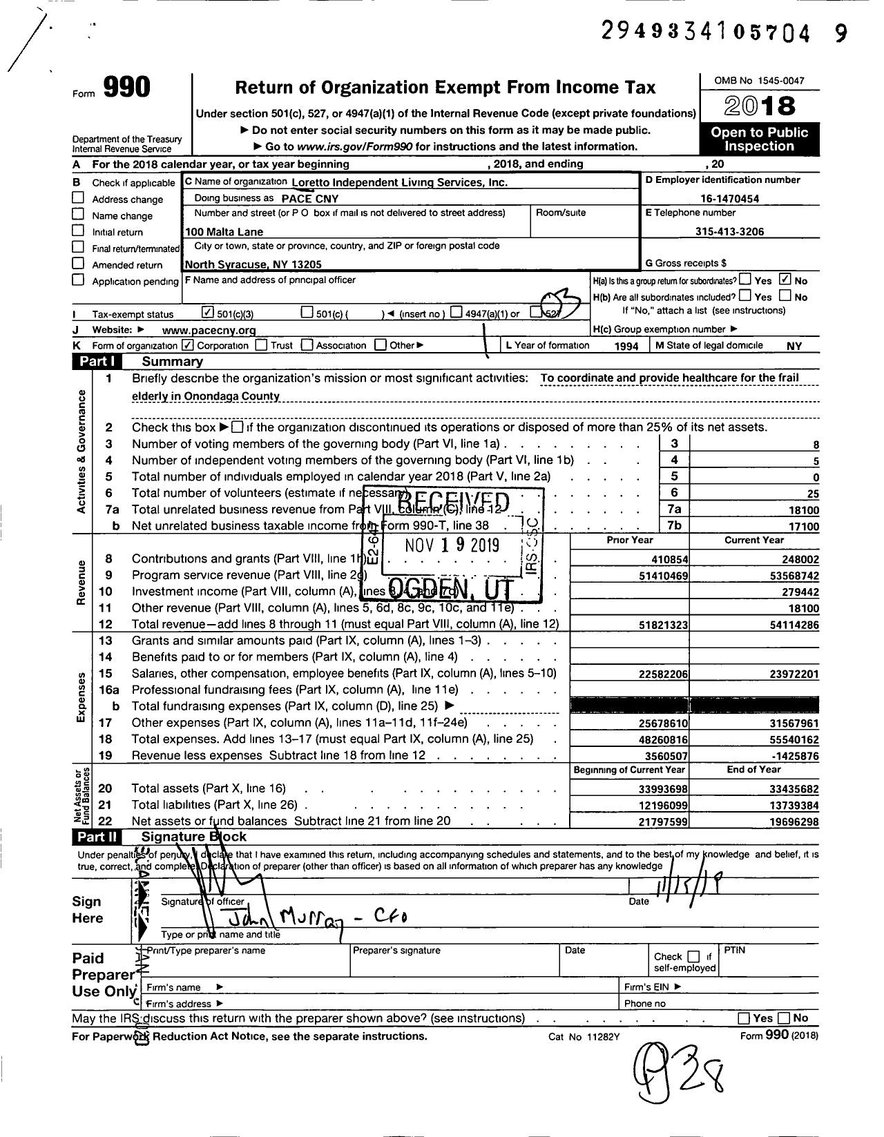 Image of first page of 2018 Form 990 for Pace CNY