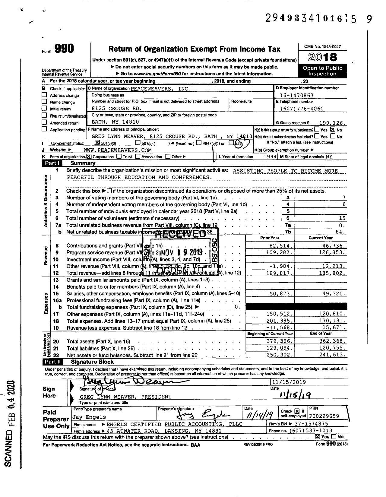 Image of first page of 2018 Form 990 for Peaceweavers