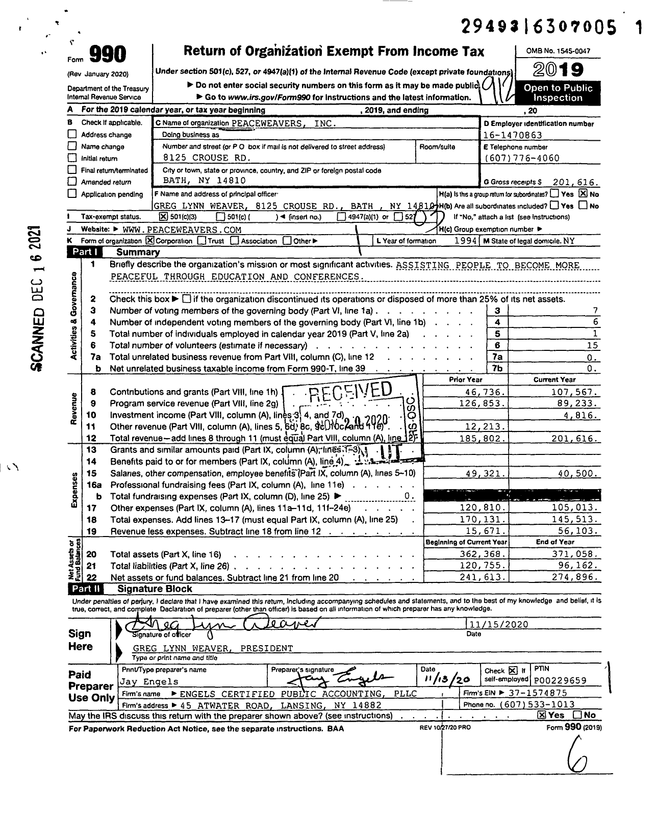 Image of first page of 2019 Form 990 for Peaceweavers